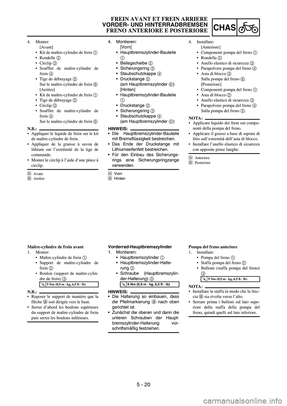 YAMAHA YZ250F 2007  Notices Demploi (in French) 5 - 20
CHAS
4. Montieren:
[Vorn]
Hauptbremszylinder-Bauteile
1 
Beilagscheibe 
2 
Sicherungsring 
3 
Staubschutzkappe 
4 
Druckstange 
5
(am Hauptbremszylinder 
6)
[Hinten]
Hauptbremszylinder-Ba