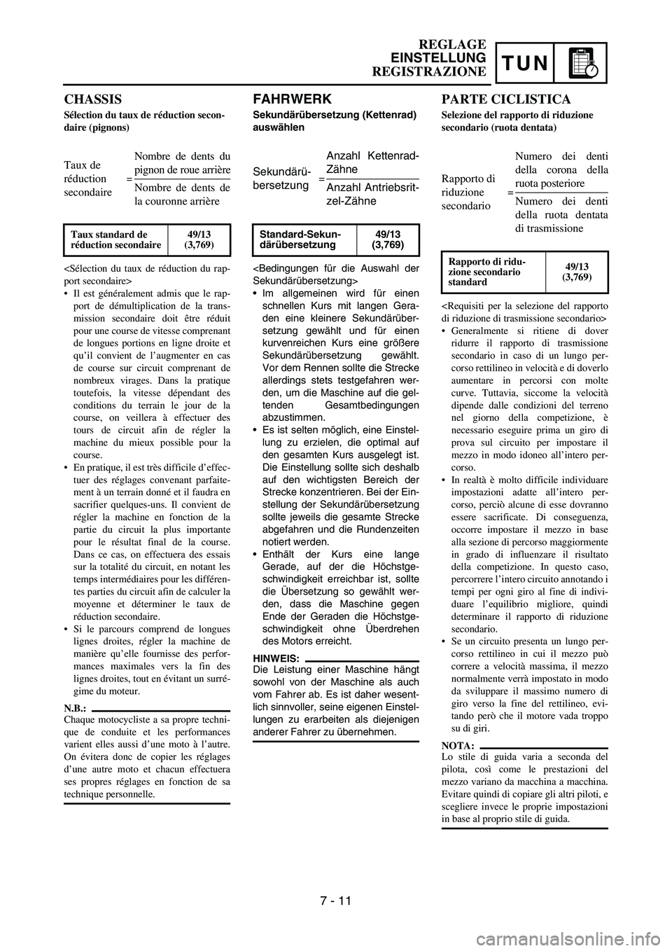 YAMAHA YZ250F 2007  Owners Manual TUN
FAHRWERK
Sekundärübersetzung (Kettenrad) 
auswählen
<Bedingungen für die Auswahl der
Sekundärübersetzung>
•Im allgemeinen wird für einen
schnellen Kurs mit langen Gera-
den eine kleinere 