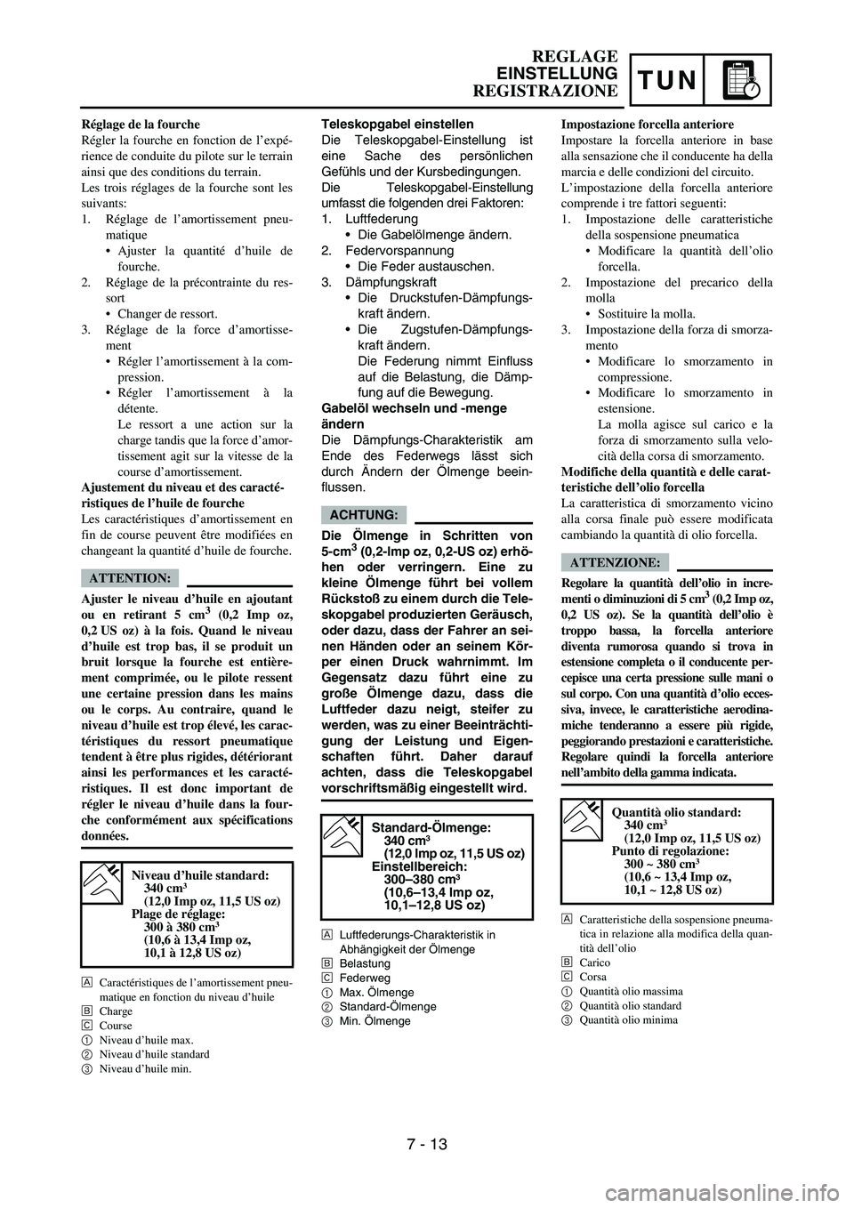 YAMAHA YZ250F 2007 Notices Demploi (in French) TUN
Teleskopgabel einstellen
Die Teleskopgabel-Einstellung ist
eine Sache des persönlichen
Gefühls und der Kursbedingungen.
Die Teleskopgabel-Einstellung
umfasst die folgenden drei Faktoren:
1. Luft YAMAHA YZ250F 2007 Notices Demploi (in French) TUN
Teleskopgabel einstellen
Die Teleskopgabel-Einstellung ist
eine Sache des persönlichen
Gefühls und der Kursbedingungen.
Die Teleskopgabel-Einstellung
umfasst die folgenden drei Faktoren:
1. Luft