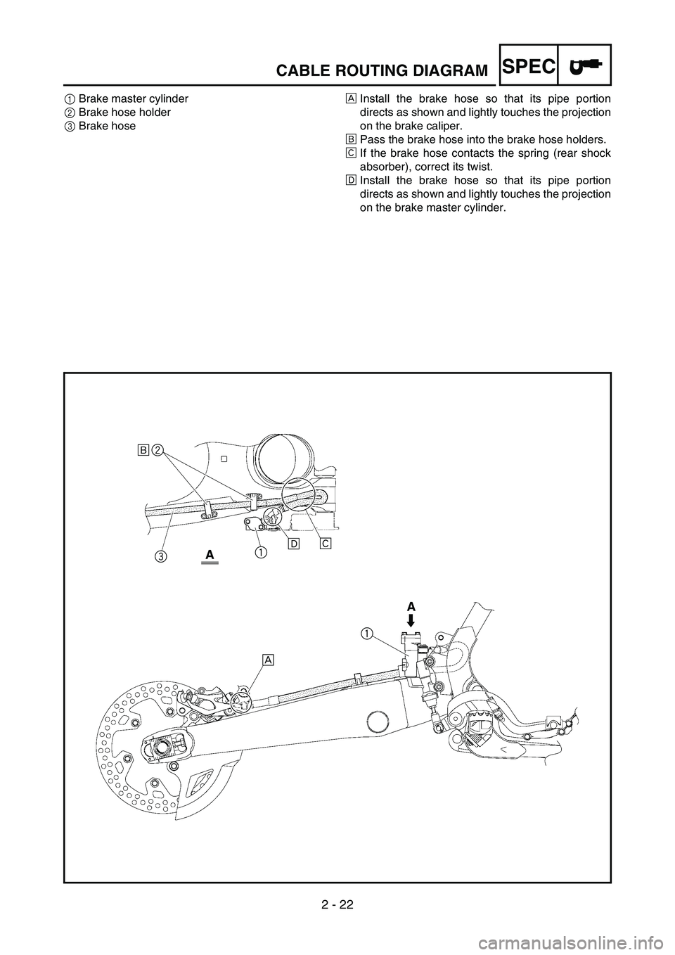 YAMAHA YZ250F 2006 Owners Manual 2 - 22
SPECCABLE ROUTING DIAGRAM
1Brake master cylinder
2Brake hose holder
3Brake hoseÈInstall the brake hose so that its pipe portion
directs as shown and lightly touches the projection
on the brake YAMAHA YZ250F 2006 Owners Manual 2 - 22
SPECCABLE ROUTING DIAGRAM
1Brake master cylinder
2Brake hose holder
3Brake hoseÈInstall the brake hose so that its pipe portion
directs as shown and lightly touches the projection
on the brake