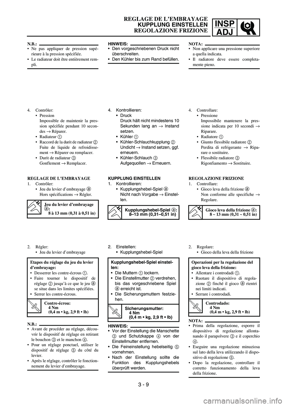YAMAHA YZ250F 2006 Owners Manual INSP
ADJ
HINWEIS:
Den vorgeschriebenen Druck nicht
überschreiten.
Den Kühler bis zum Rand befüllen.
4. Kontrollieren:
Druck
Druck hält nicht mindestens 10
Sekunden lang an → Instand
setzen.
YAMAHA YZ250F 2006 Owners Manual INSP
ADJ
HINWEIS:
Den vorgeschriebenen Druck nicht
überschreiten.
Den Kühler bis zum Rand befüllen.
4. Kontrollieren:
Druck
Druck hält nicht mindestens 10
Sekunden lang an → Instand
setzen.
