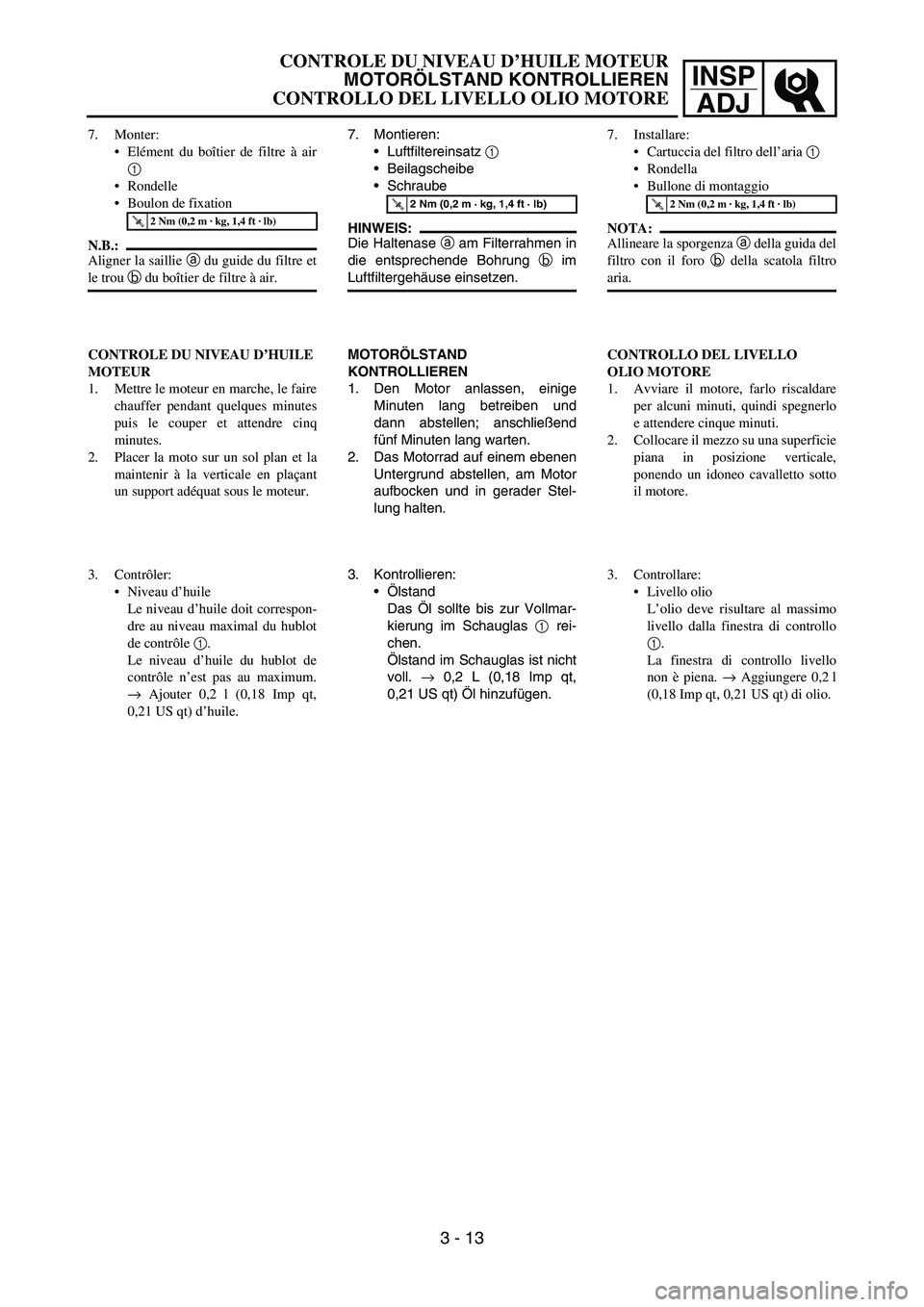 YAMAHA YZ250F 2006 Owners Manual INSP
ADJ
7. Montieren:
Luftfiltereinsatz 1
Beilagscheibe
Schraube
HINWEIS:
Die Haltenase a am Filterrahmen in
die entsprechende Bohrung b im
Luftfiltergehäuse einsetzen.
T R..2 Nm (0,2 m · kg, 1 YAMAHA YZ250F 2006 Owners Manual INSP
ADJ
7. Montieren:
Luftfiltereinsatz 1
Beilagscheibe
Schraube
HINWEIS:
Die Haltenase a am Filterrahmen in
die entsprechende Bohrung b im
Luftfiltergehäuse einsetzen.
T R..2 Nm (0,2 m · kg, 1