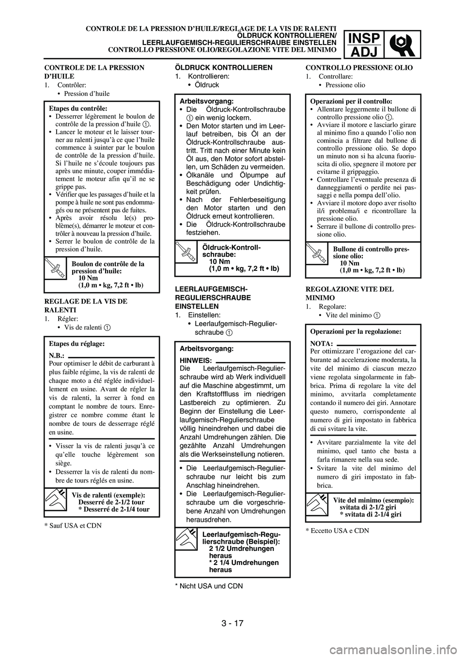 YAMAHA YZ250F 2006 Owners Manual INSP
ADJ
ÖLDRUCK KONTROLLIEREN
1. Kontrollieren:
Öldruck
Arbeitsvorgang:
Die Öldruck-Kontrollschraube
1 ein wenig lockern.
Den Motor starten und im Leer-
lauf betreiben, bis Öl an der
Öldruck- YAMAHA YZ250F 2006 Owners Manual INSP
ADJ
ÖLDRUCK KONTROLLIEREN
1. Kontrollieren:
Öldruck
Arbeitsvorgang:
Die Öldruck-Kontrollschraube
1 ein wenig lockern.
Den Motor starten und im Leer-
lauf betreiben, bis Öl an der
Öldruck-
