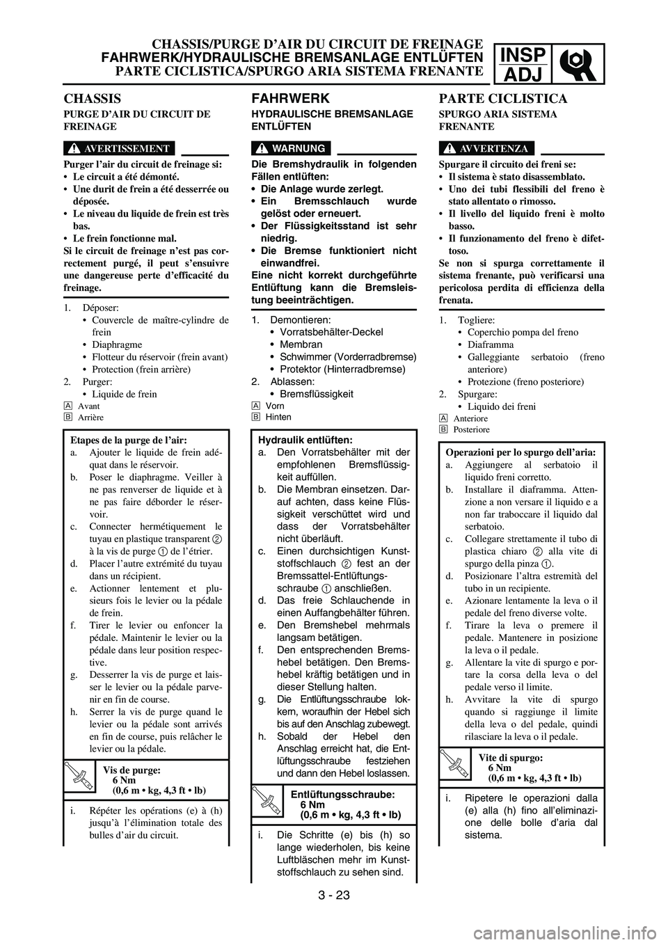 YAMAHA YZ250F 2006 Owners Manual INSP
ADJ
FAHRWERK
HYDRAULISCHE BREMSANLAGE
ENTLÜFTEN
WARNUNG
Die Bremshydraulik in folgenden
Fällen entlüften:
Die Anlage wurde zerlegt.
Ein Bremsschlauch wurde
gelöst oder erneuert.
Der Flüs YAMAHA YZ250F 2006 Owners Manual INSP
ADJ
FAHRWERK
HYDRAULISCHE BREMSANLAGE
ENTLÜFTEN
WARNUNG
Die Bremshydraulik in folgenden
Fällen entlüften:
Die Anlage wurde zerlegt.
Ein Bremsschlauch wurde
gelöst oder erneuert.
Der Flüs