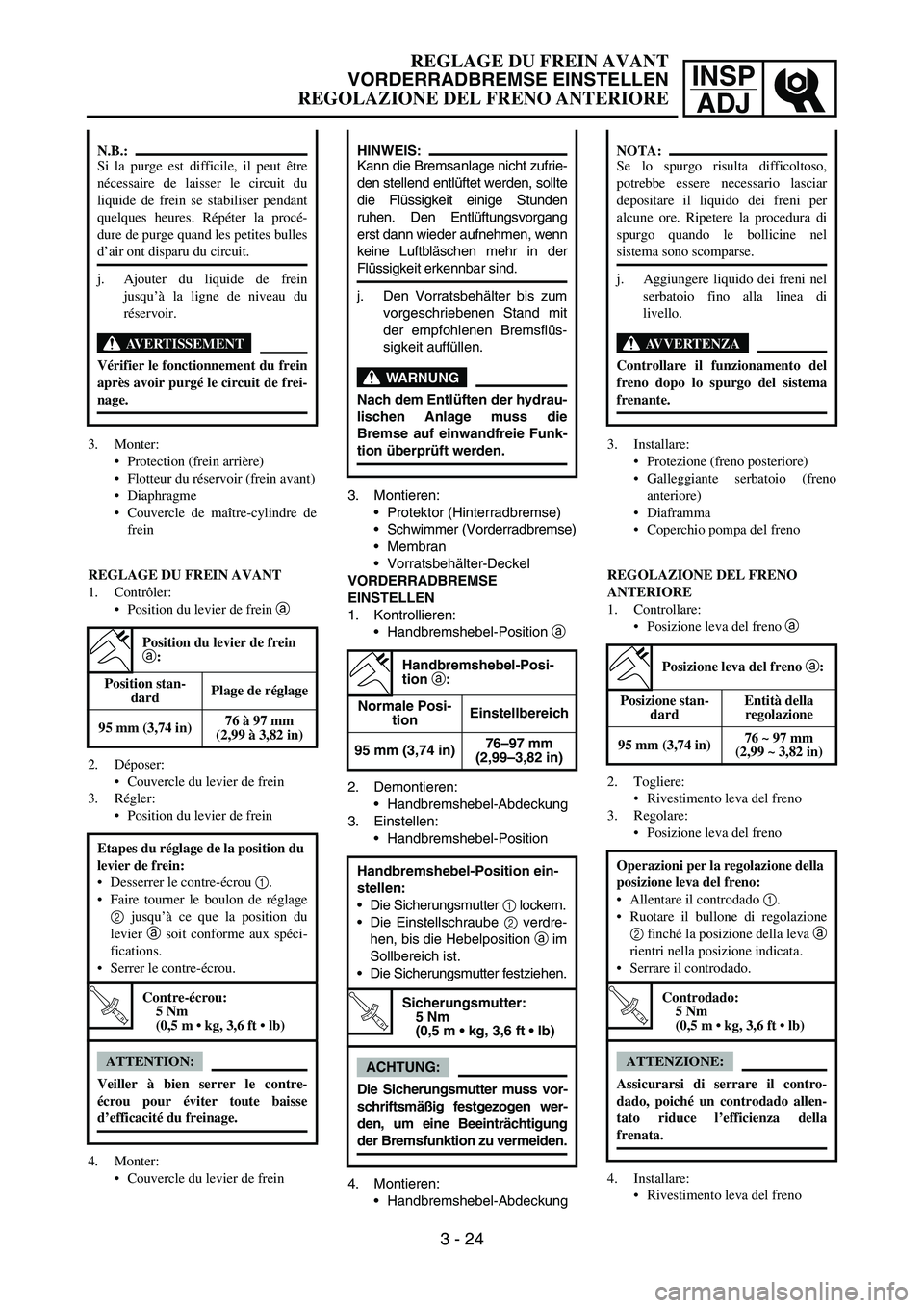 YAMAHA YZ250F 2006 Owners Manual INSP
ADJ
3. Montieren:
Protektor (Hinterradbremse)
Schwimmer (Vorderradbremse)
Membran
Vorratsbehälter-Deckel
VORDERRADBREMSE
EINSTELLEN
1. Kontrollieren:
Handbremshebel-Position a
2. Demontie YAMAHA YZ250F 2006 Owners Manual INSP
ADJ
3. Montieren:
Protektor (Hinterradbremse)
Schwimmer (Vorderradbremse)
Membran
Vorratsbehälter-Deckel
VORDERRADBREMSE
EINSTELLEN
1. Kontrollieren:
Handbremshebel-Position a
2. Demontie