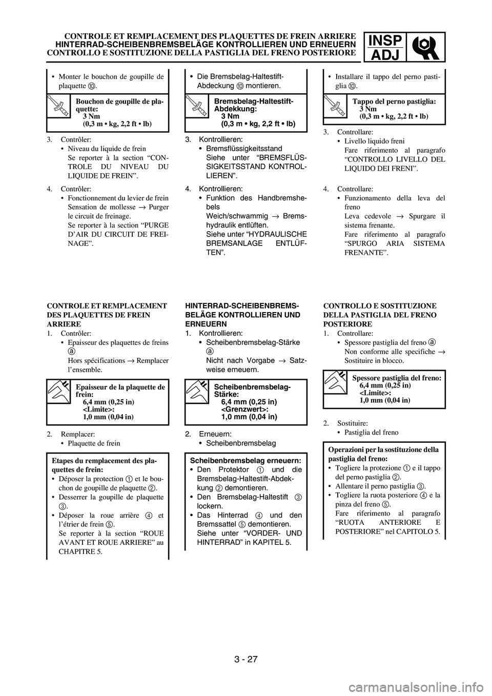 YAMAHA YZ250F 2006 Owners Manual INSP
ADJ
3. Kontrollieren:
Bremsflüssigkeitsstand
Siehe unter “BREMSFLÜS-
SIGKEITSSTAND KONTROL-
LIEREN”. Die Bremsbelag-Haltestift-
Abdeckung 0 montieren.
T R..
Bremsbelag-Haltestift-
Abdekku YAMAHA YZ250F 2006 Owners Manual INSP
ADJ
3. Kontrollieren:
Bremsflüssigkeitsstand
Siehe unter “BREMSFLÜS-
SIGKEITSSTAND KONTROL-
LIEREN”. Die Bremsbelag-Haltestift-
Abdeckung 0 montieren.
T R..
Bremsbelag-Haltestift-
Abdekku