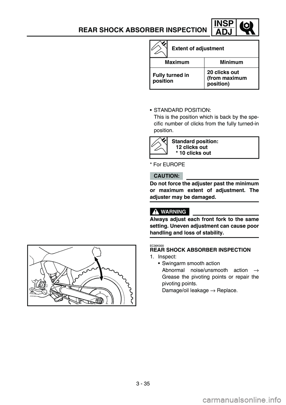 YAMAHA YZ250F 2006 Manuale duso (in Italian) 3 - 35
INSP
ADJ
REAR SHOCK ABSORBER INSPECTION
Extent of adjustment
Maximum Minimum
Fully turned in
position20 clicks out
(from maximum
position)
STANDARD POSITION:
This is the position which is b YAMAHA YZ250F 2006 Manuale duso (in Italian) 3 - 35
INSP
ADJ
REAR SHOCK ABSORBER INSPECTION
Extent of adjustment
Maximum Minimum
Fully turned in
position20 clicks out
(from maximum
position)
STANDARD POSITION:
This is the position which is b