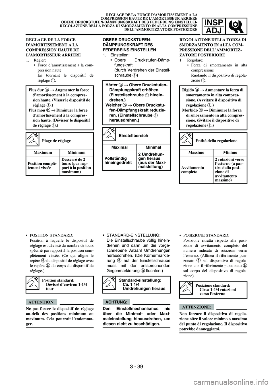 YAMAHA YZ250F 2006 Owners Manual INSP
ADJ
OBERE DRUCKSTUFEN-
DÄMPFUNGSKRAFT DES
FEDERBEINS EINSTELLEN
1. Einstellen:
Obere Druckstufen-Dämp-
fungskraft
(durch Verdrehen der Einstell-
schraube 1)
Härter a → Obere Druckstufen-
D YAMAHA YZ250F 2006 Owners Manual INSP
ADJ
OBERE DRUCKSTUFEN-
DÄMPFUNGSKRAFT DES
FEDERBEINS EINSTELLEN
1. Einstellen:
Obere Druckstufen-Dämp-
fungskraft
(durch Verdrehen der Einstell-
schraube 1)
Härter a → Obere Druckstufen-
D
