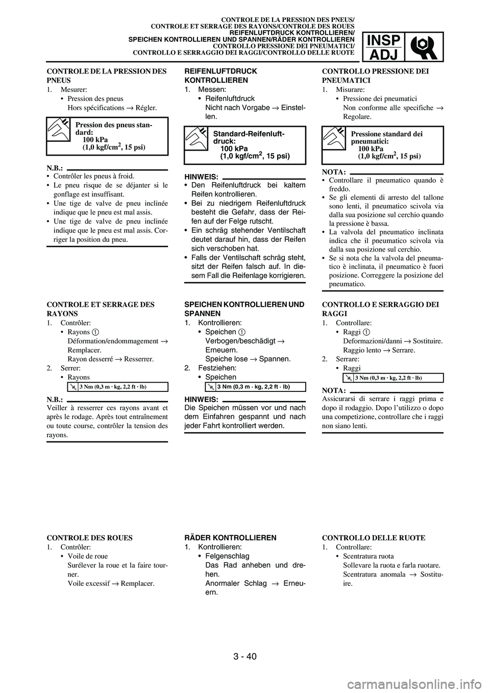 YAMAHA YZ250F 2006 Owners Manual INSP
ADJ
REIFENLUFTDRUCK
KONTROLLIEREN
1. Messen:
Reifenluftdruck
Nicht nach Vorgabe → Einstel-
len.
HINWEIS:
Den Reifenluftdruck bei kaltem
Reifen kontrollieren.
Bei zu niedrigem Reifenluftdruc YAMAHA YZ250F 2006 Owners Manual INSP
ADJ
REIFENLUFTDRUCK
KONTROLLIEREN
1. Messen:
Reifenluftdruck
Nicht nach Vorgabe → Einstel-
len.
HINWEIS:
Den Reifenluftdruck bei kaltem
Reifen kontrollieren.
Bei zu niedrigem Reifenluftdruc