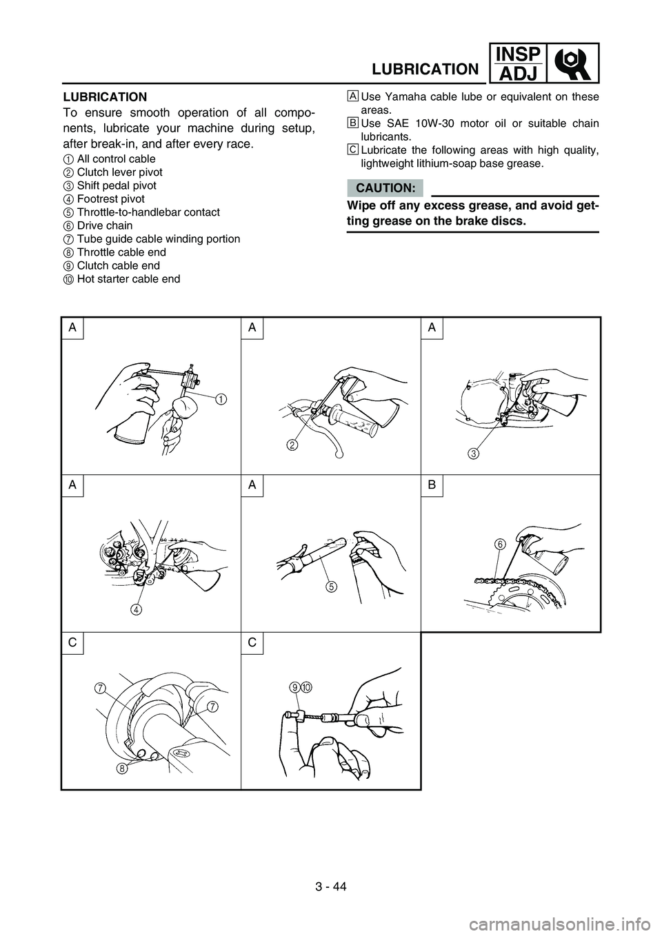 YAMAHA YZ250F 2006 Owners Manual 3 - 44
INSP
ADJ
LUBRICATION
LUBRICATION
To ensure smooth operation of all compo-
nents, lubricate your machine during setup,
after break-in, and after every race.
1All control cable
2Clutch lever pivo YAMAHA YZ250F 2006 Owners Manual 3 - 44
INSP
ADJ
LUBRICATION
LUBRICATION
To ensure smooth operation of all compo-
nents, lubricate your machine during setup,
after break-in, and after every race.
1All control cable
2Clutch lever pivo