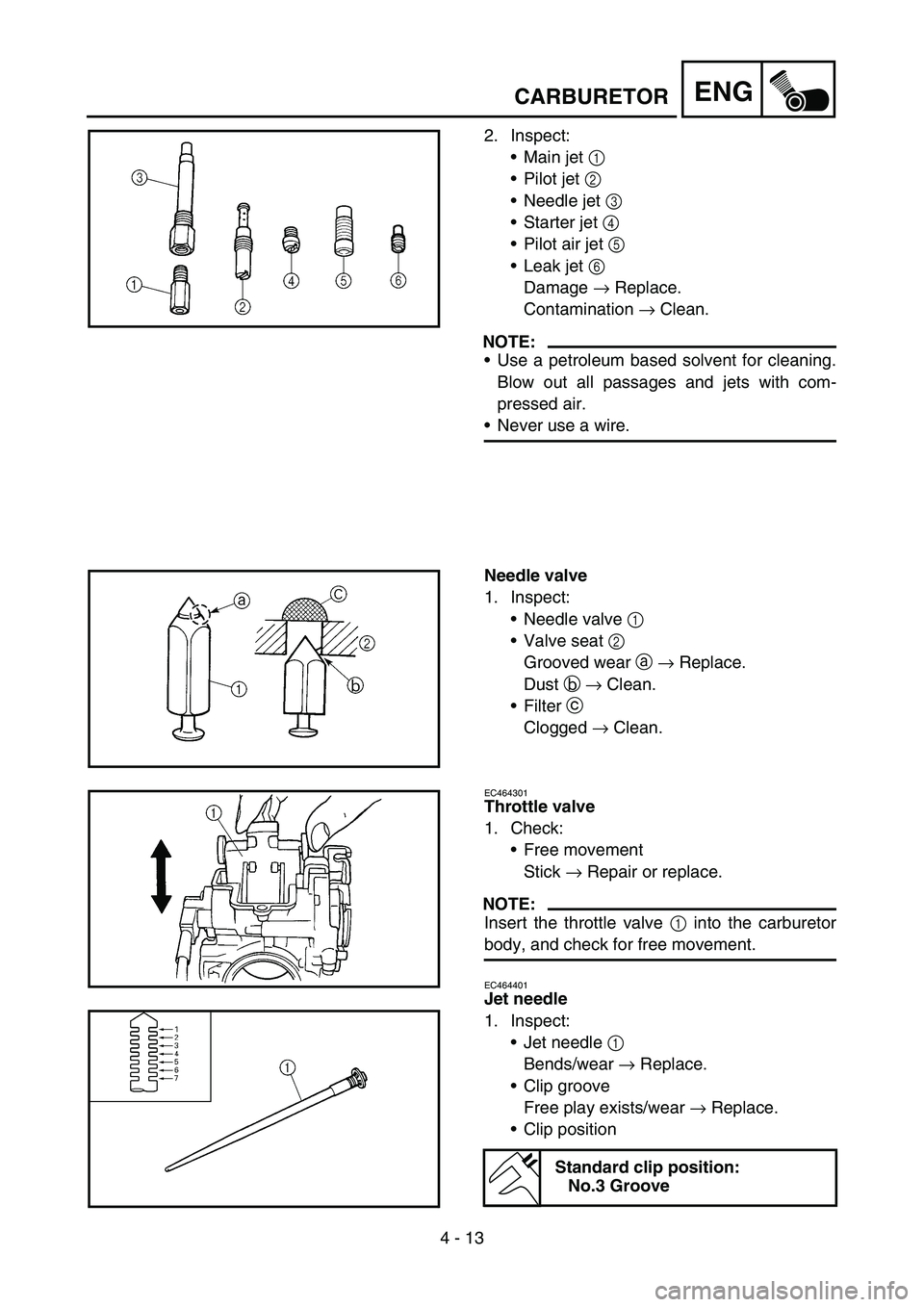 YAMAHA YZ250F 2006  Owners Manual 4 - 13
ENGCARBURETOR
2. Inspect:
Main jet 1 
Pilot jet 2 
Needle jet 3 
Starter jet 4 
Pilot air jet 5 
Leak jet 6 
Damage → Replace.
Contamination → Clean.
NOTE:
Use a petroleum based solv