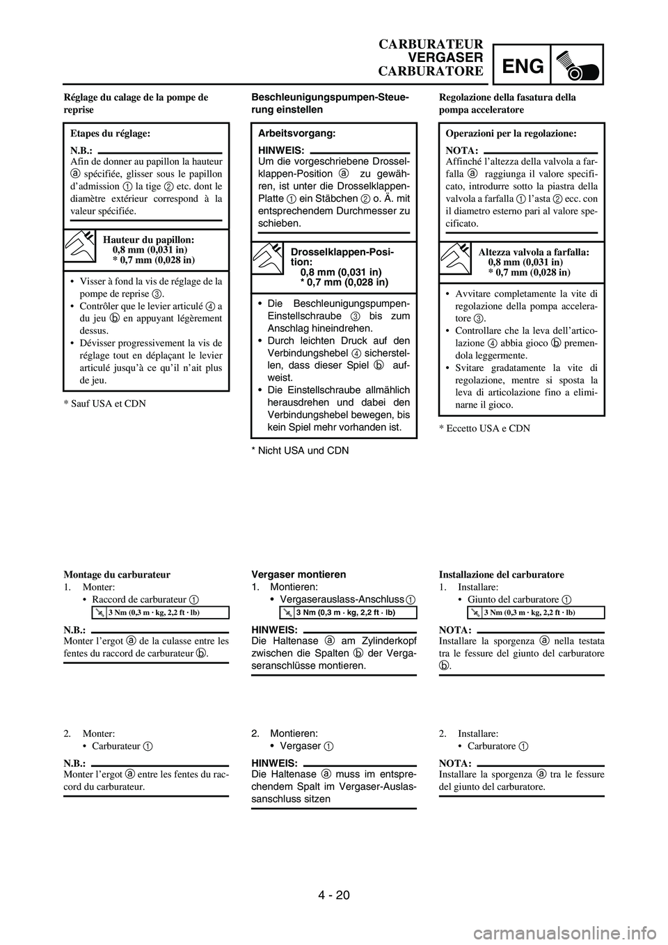 YAMAHA YZ250F 2006 Owners Manual ENG
4 - 20
Beschleunigungspumpen-Steue-
rung einstellen
* Nicht USA und CDNArbeitsvorgang:
HINWEIS:
Um die vorgeschriebene Drossel-
klappen-Position
a zu gewäh-
ren, ist unter die Drosselklappen-
Pl YAMAHA YZ250F 2006 Owners Manual ENG
4 - 20
Beschleunigungspumpen-Steue-
rung einstellen
* Nicht USA und CDNArbeitsvorgang:
HINWEIS:
Um die vorgeschriebene Drossel-
klappen-Position
a zu gewäh-
ren, ist unter die Drosselklappen-
Pl