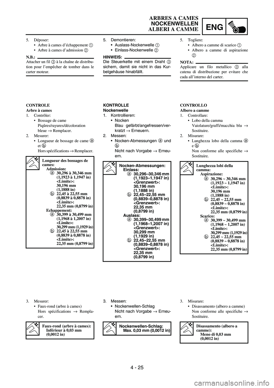 YAMAHA YZ250F 2006 Manuale duso (in Italian) ENG
4 - 25
5. Demontieren:
Auslass-Nockenwelle
1
Einlass-Nockenwelle
2
HINWEIS:
Die Steuerkette mit einem Draht
3
sichern, damit sie nicht in das Kur-
belgehäuse hinabfällt.
KONTROLLE
Nockenw YAMAHA YZ250F 2006 Manuale duso (in Italian) ENG
4 - 25
5. Demontieren:
Auslass-Nockenwelle
1
Einlass-Nockenwelle
2
HINWEIS:
Die Steuerkette mit einem Draht
3
sichern, damit sie nicht in das Kur-
belgehäuse hinabfällt.
KONTROLLE
Nockenw