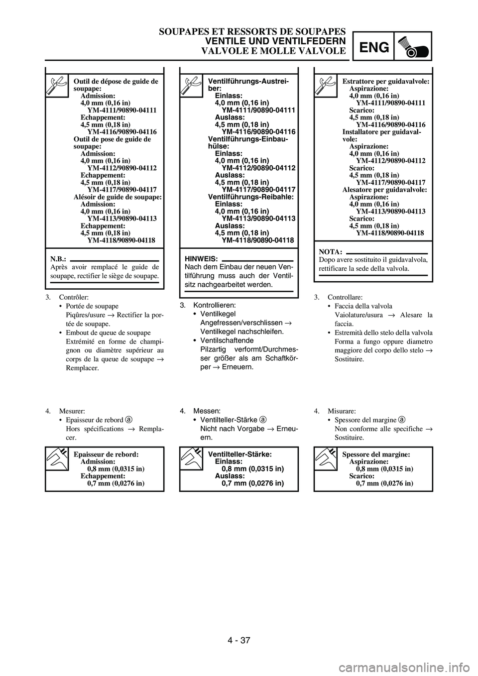 YAMAHA YZ250F 2006 Owners Manual ENG
4 - 37
3. Kontrollieren:
Ventilkegel
Angefressen/verschlissen
→
Ventilkegel nachschleifen.
Ventilschaftende
Pilzartig verformt/Durchmes-
ser größer als am Schaftkör-
per
→ Erneuern.
Ve YAMAHA YZ250F 2006 Owners Manual ENG
4 - 37
3. Kontrollieren:
Ventilkegel
Angefressen/verschlissen
→
Ventilkegel nachschleifen.
Ventilschaftende
Pilzartig verformt/Durchmes-
ser größer als am Schaftkör-
per
→ Erneuern.
Ve