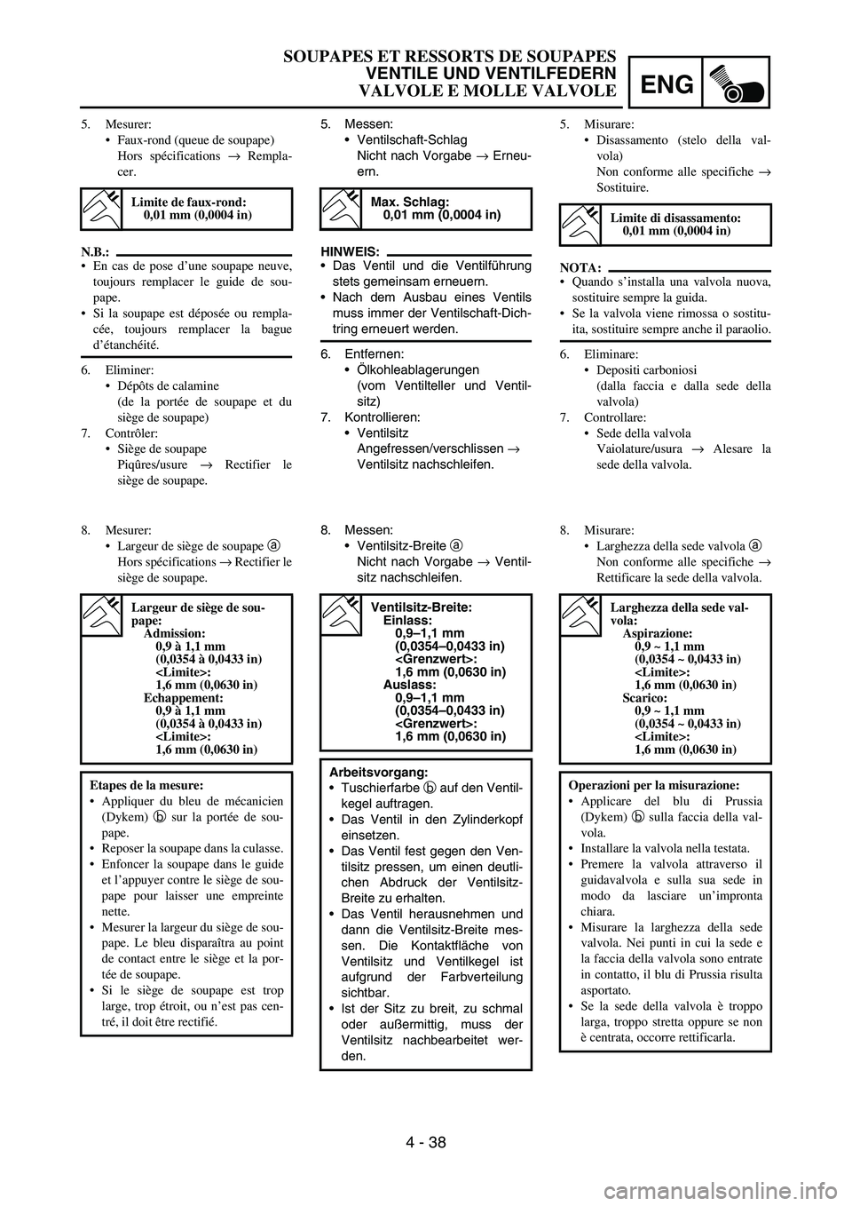 YAMAHA YZ250F 2006 Owners Manual ENG
4 - 38
5. Messen:
Ventilschaft-Schlag
Nicht nach Vorgabe
→ Erneu-
ern.
HINWEIS:
Das Ventil und die Ventilführung
stets gemeinsam erneuern.
Nach dem Ausbau eines Ventils
muss immer der Venti YAMAHA YZ250F 2006 Owners Manual ENG
4 - 38
5. Messen:
Ventilschaft-Schlag
Nicht nach Vorgabe
→ Erneu-
ern.
HINWEIS:
Das Ventil und die Ventilführung
stets gemeinsam erneuern.
Nach dem Ausbau eines Ventils
muss immer der Venti