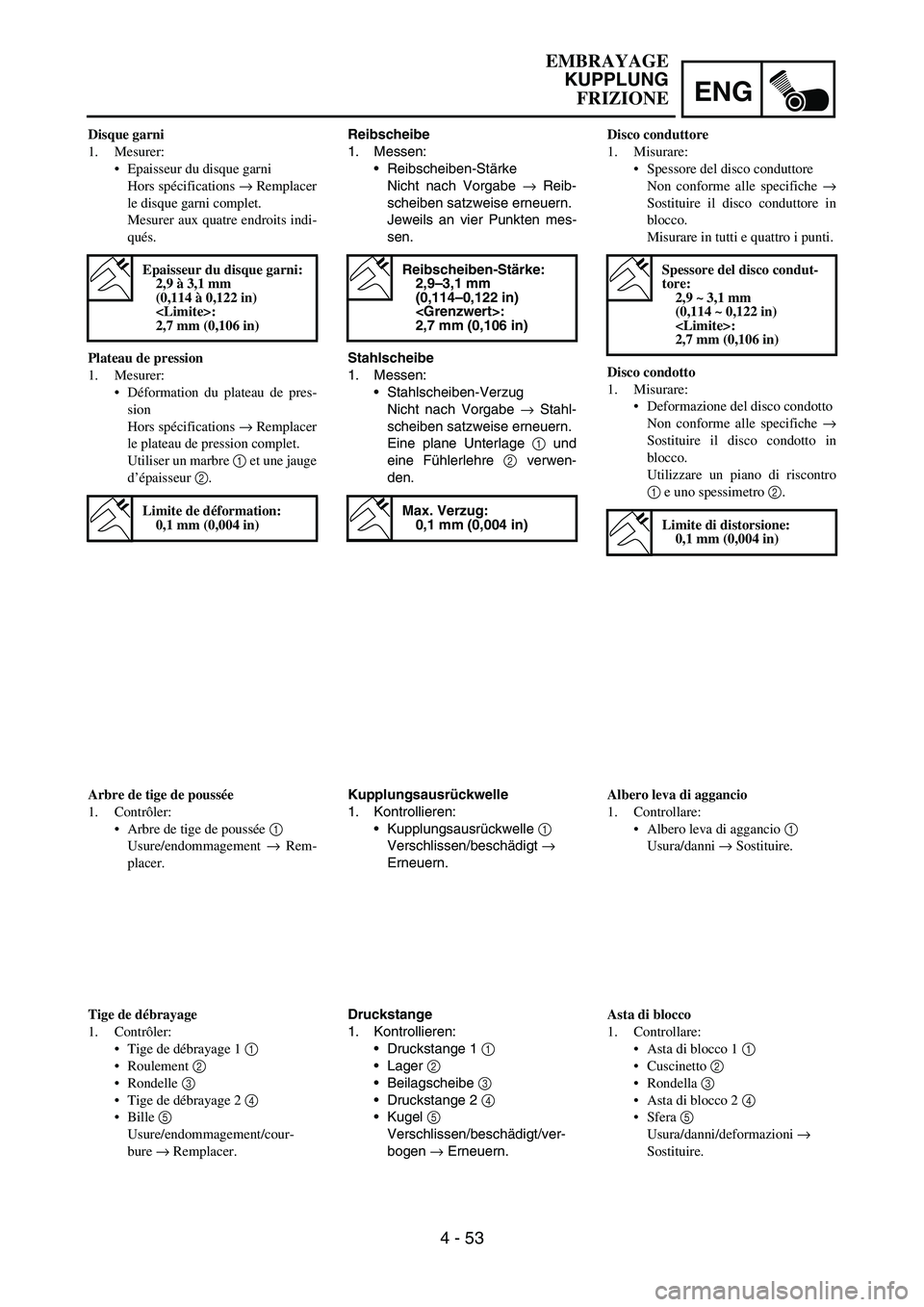 YAMAHA YZ250F 2006 Owners Manual ENG
4 - 53
Reibscheibe
1. Messen:
Reibscheiben-Stärke
Nicht nach Vorgabe
→ Reib-
scheiben satzweise erneuern.
Jeweils an vier Punkten mes-
sen.
Stahlscheibe
1. Messen:
Stahlscheiben-Verzug
Nicht YAMAHA YZ250F 2006 Owners Manual ENG
4 - 53
Reibscheibe
1. Messen:
Reibscheiben-Stärke
Nicht nach Vorgabe
→ Reib-
scheiben satzweise erneuern.
Jeweils an vier Punkten mes-
sen.
Stahlscheibe
1. Messen:
Stahlscheiben-Verzug
Nicht