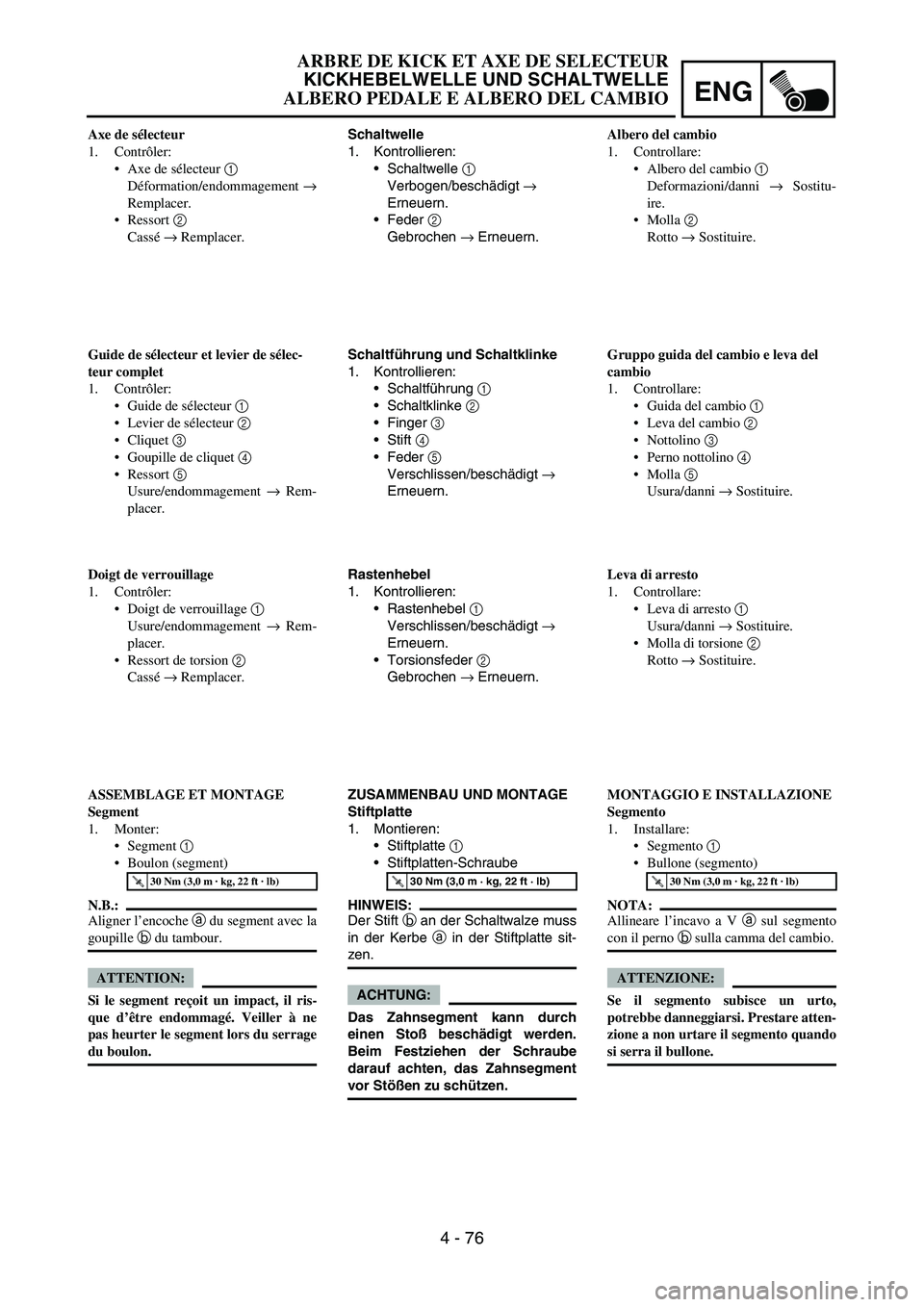 YAMAHA YZ250F 2006 Owners Manual ENG
4 - 76
Schaltwelle
1. Kontrollieren:
Schaltwelle
1
Verbogen/beschädigt
→
Erneuern.
Feder
2
Gebrochen
→ Erneuern.
Schaltführung und Schaltklinke
1. Kontrollieren:
Schaltführung
1 YAMAHA YZ250F 2006 Owners Manual ENG
4 - 76
Schaltwelle
1. Kontrollieren:
Schaltwelle
1
Verbogen/beschädigt
→
Erneuern.
Feder
2
Gebrochen
→ Erneuern.
Schaltführung und Schaltklinke
1. Kontrollieren:
Schaltführung
1