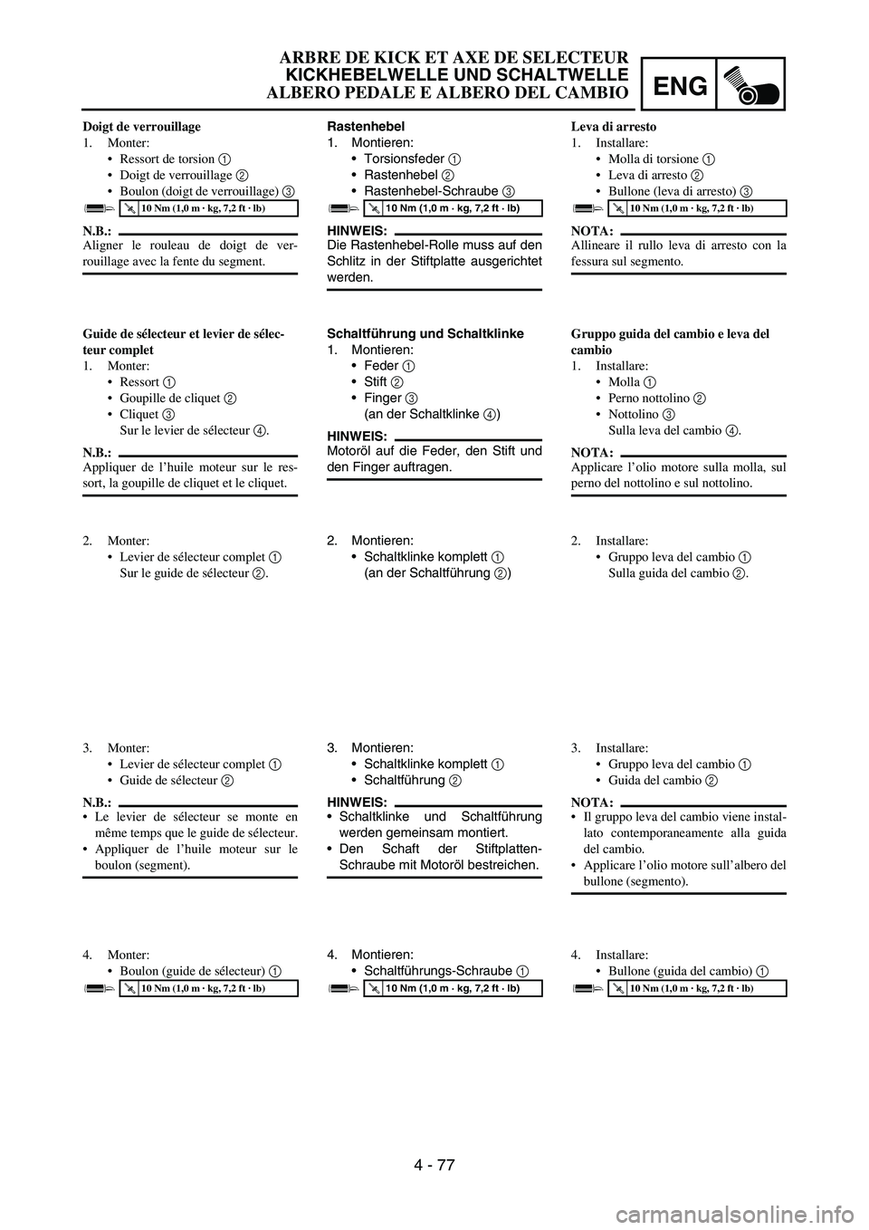 YAMAHA YZ250F 2006 Owners Manual ENG
4 - 77
Rastenhebel
1. Montieren:
Torsionsfeder
1
Rastenhebel
2
Rastenhebel-Schraube
3
HINWEIS:
Die Rastenhebel-Rolle muss auf den
Schlitz in der Stiftplatte ausgerichtet
werden.
T R..10 N YAMAHA YZ250F 2006 Owners Manual ENG
4 - 77
Rastenhebel
1. Montieren:
Torsionsfeder
1
Rastenhebel
2
Rastenhebel-Schraube
3
HINWEIS:
Die Rastenhebel-Rolle muss auf den
Schlitz in der Stiftplatte ausgerichtet
werden.
T R..10 N
