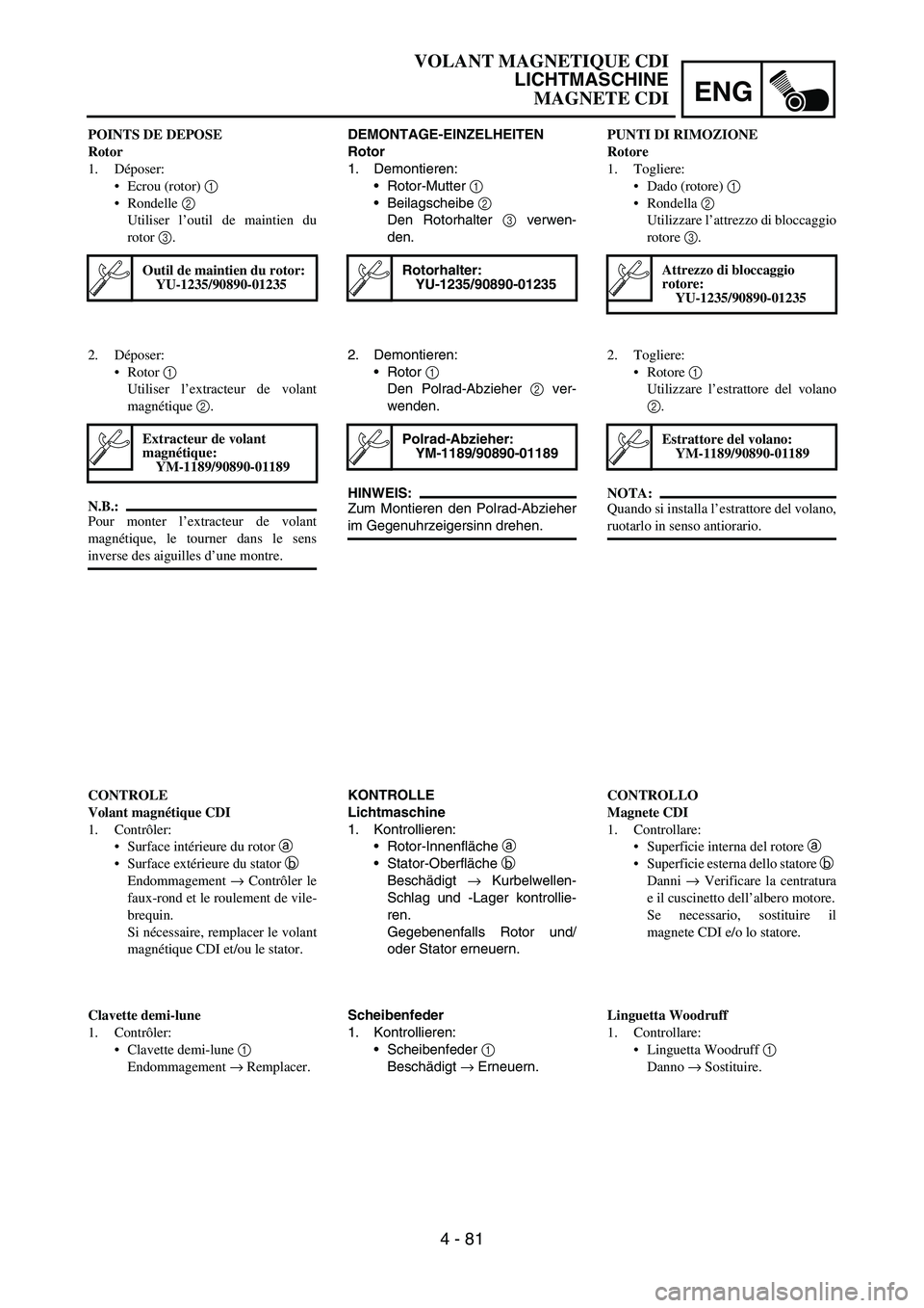 YAMAHA YZ250F 2006 Owners Manual ENG
4 - 81
DEMONTAGE-EINZELHEITEN
Rotor
1. Demontieren:
Rotor-Mutter
1
Beilagscheibe
2
Den Rotorhalter
3 verwen-
den.
Rotorhalter:
YU-1235/90890-01235
2. Demontieren:
Rotor
1
Den Polrad-Abzi YAMAHA YZ250F 2006 Owners Manual ENG
4 - 81
DEMONTAGE-EINZELHEITEN
Rotor
1. Demontieren:
Rotor-Mutter
1
Beilagscheibe
2
Den Rotorhalter
3 verwen-
den.
Rotorhalter:
YU-1235/90890-01235
2. Demontieren:
Rotor
1
Den Polrad-Abzi