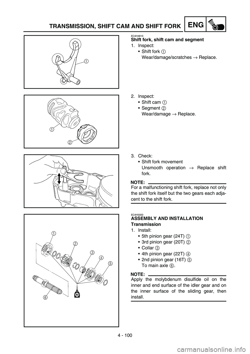 YAMAHA YZ250F 2006  Owners Manual 4 - 100
ENGTRANSMISSION, SHIFT CAM AND SHIFT FORK
EC4H4810
Shift fork, shift cam and segment
1. Inspect:
Shift fork 1 
Wear/damage/scratches → Replace.
2. Inspect:
Shift cam 1 
Segment 2 
Wear/da