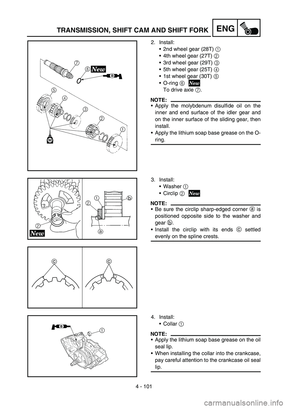 YAMAHA YZ250F 2006  Owners Manual 4 - 101
ENGTRANSMISSION, SHIFT CAM AND SHIFT FORK
2. Install:
2nd wheel gear (28T) 1 
4th wheel gear (27T) 2 
3rd wheel gear (29T) 3 
5th wheel gear (25T) 4 
1st wheel gear (30T) 5 
O-ring 6
To 