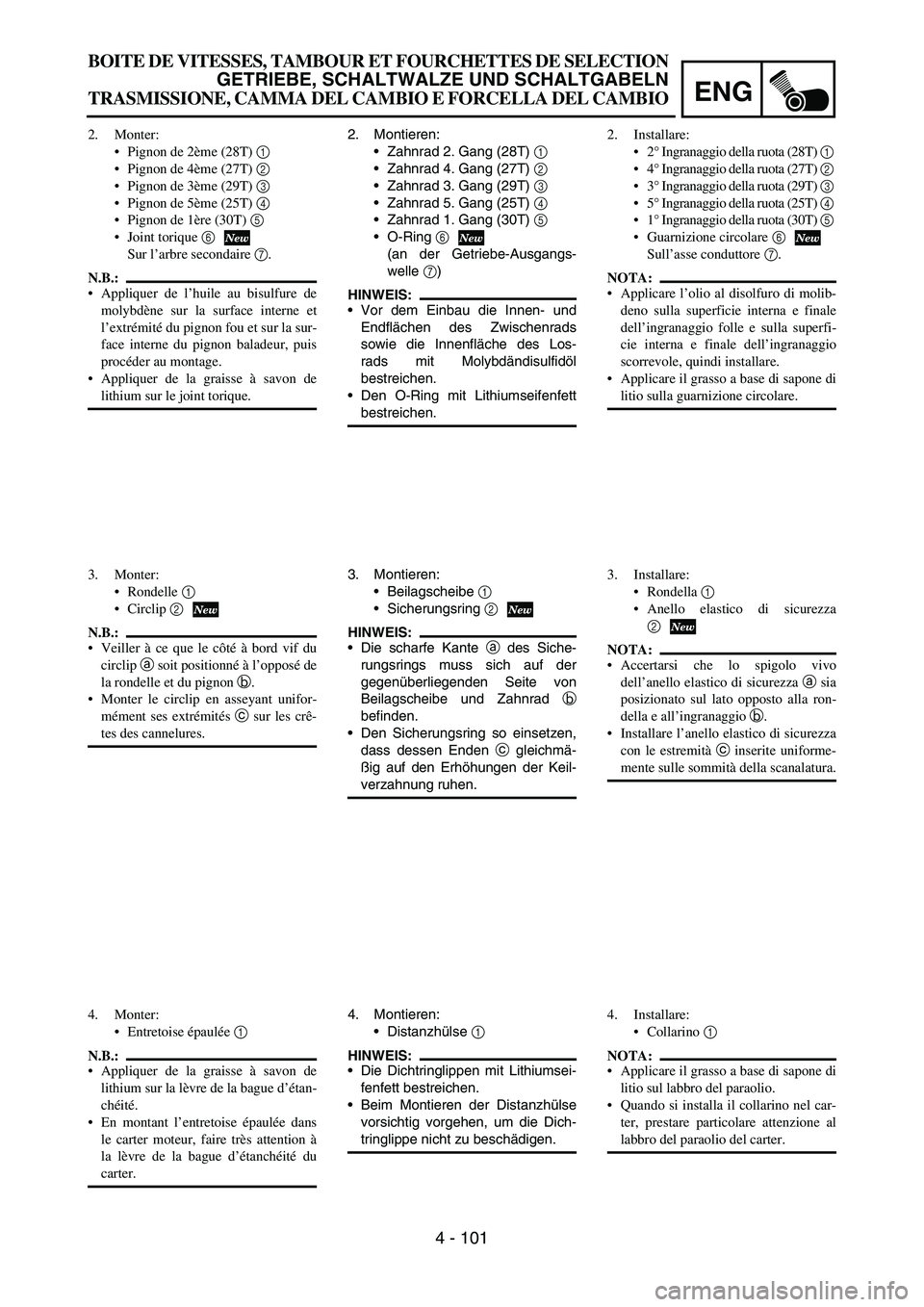 YAMAHA YZ250F 2006  Owners Manual ENG
4 - 101
2. Montieren:
Zahnrad 2. Gang (28T) 
1 
Zahnrad 4. Gang (27T) 
2 
Zahnrad 3. Gang (29T) 
3 
Zahnrad 5. Gang (25T) 
4 
Zahnrad 1. Gang (30T) 
5 
O-Ring 
6
(an der Getriebe-Ausgangs-
w