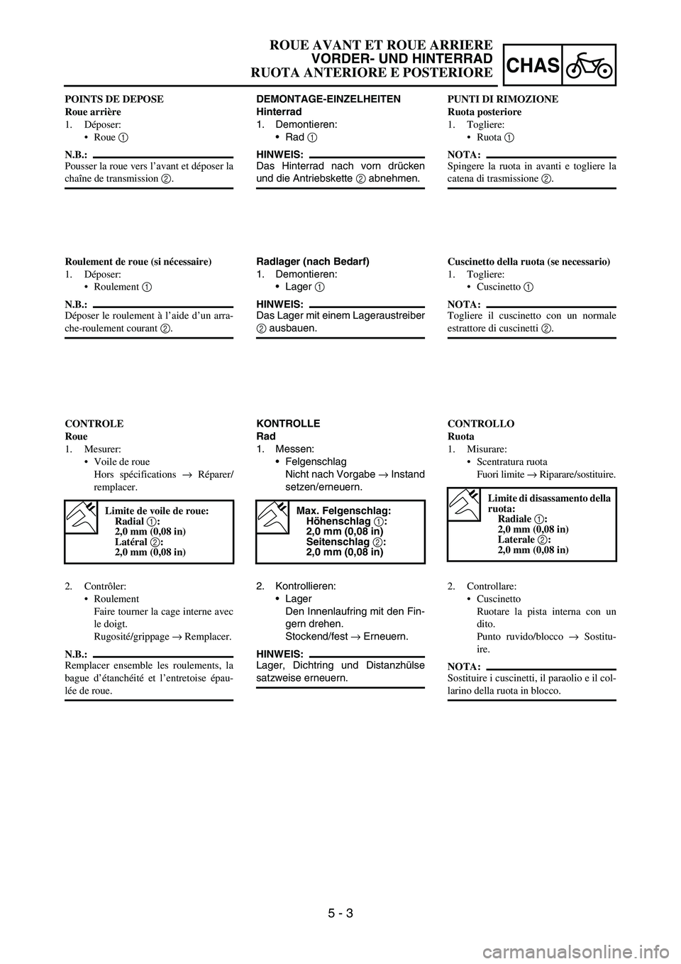 YAMAHA YZ250F 2006  Owners Manual 5 - 3
CHAS
DEMONTAGE-EINZELHEITEN
Hinterrad
1. Demontieren:
Rad 
1 
HINWEIS:
Das Hinterrad nach vorn drücken
und die Antriebskette 
2 abnehmen.
Radlager (nach Bedarf)
1. Demontieren:
Lager 
1 
HINW