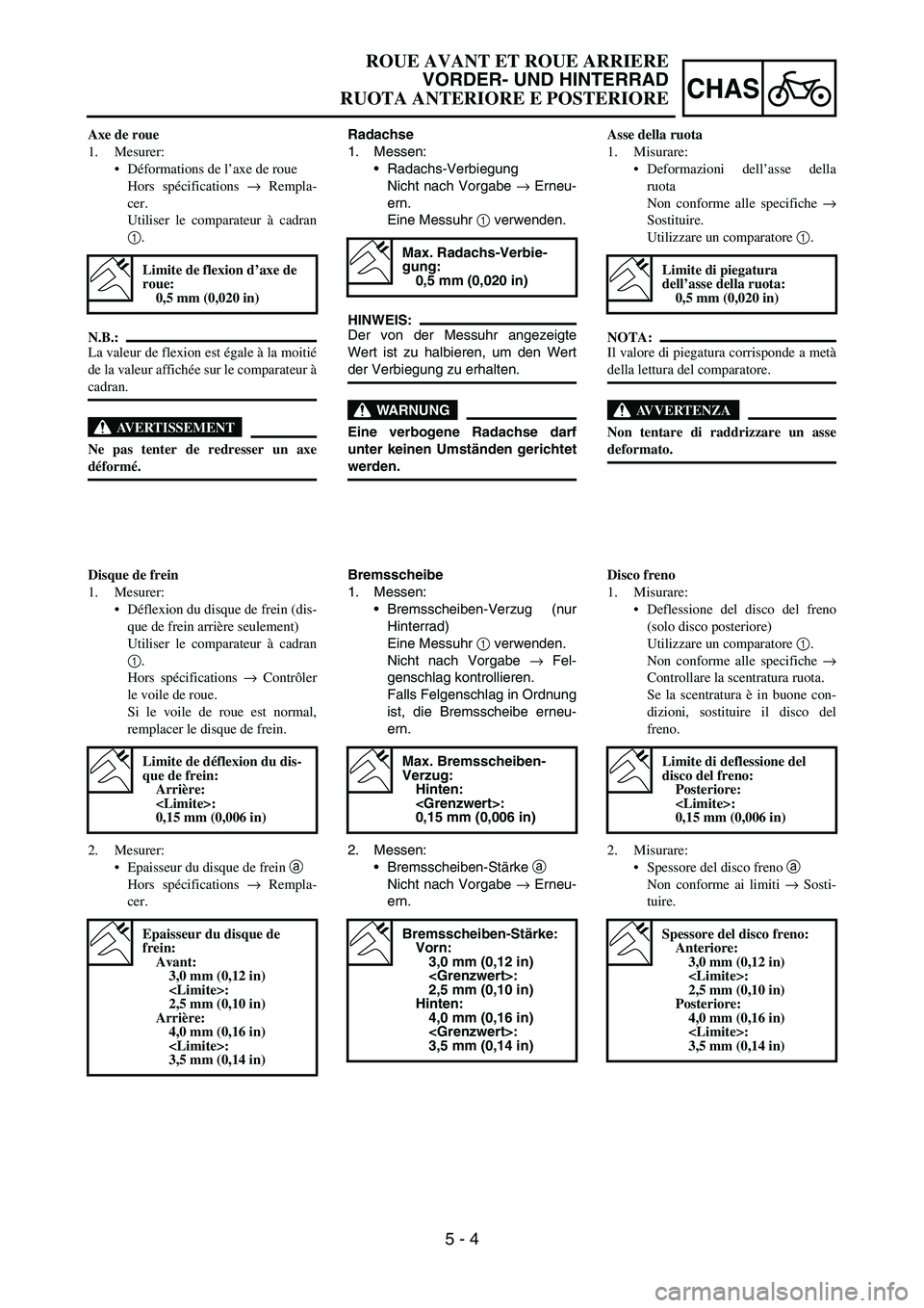 YAMAHA YZ250F 2006  Owners Manual 5 - 4
CHAS
Radachse
1. Messen:
Radachs-Verbiegung
Nicht nach Vorgabe 
→ Erneu-
ern.
Eine Messuhr 
1 verwenden.
HINWEIS:
Der von der Messuhr angezeigte
Wert ist zu halbieren, um den Wert
der Verbieg