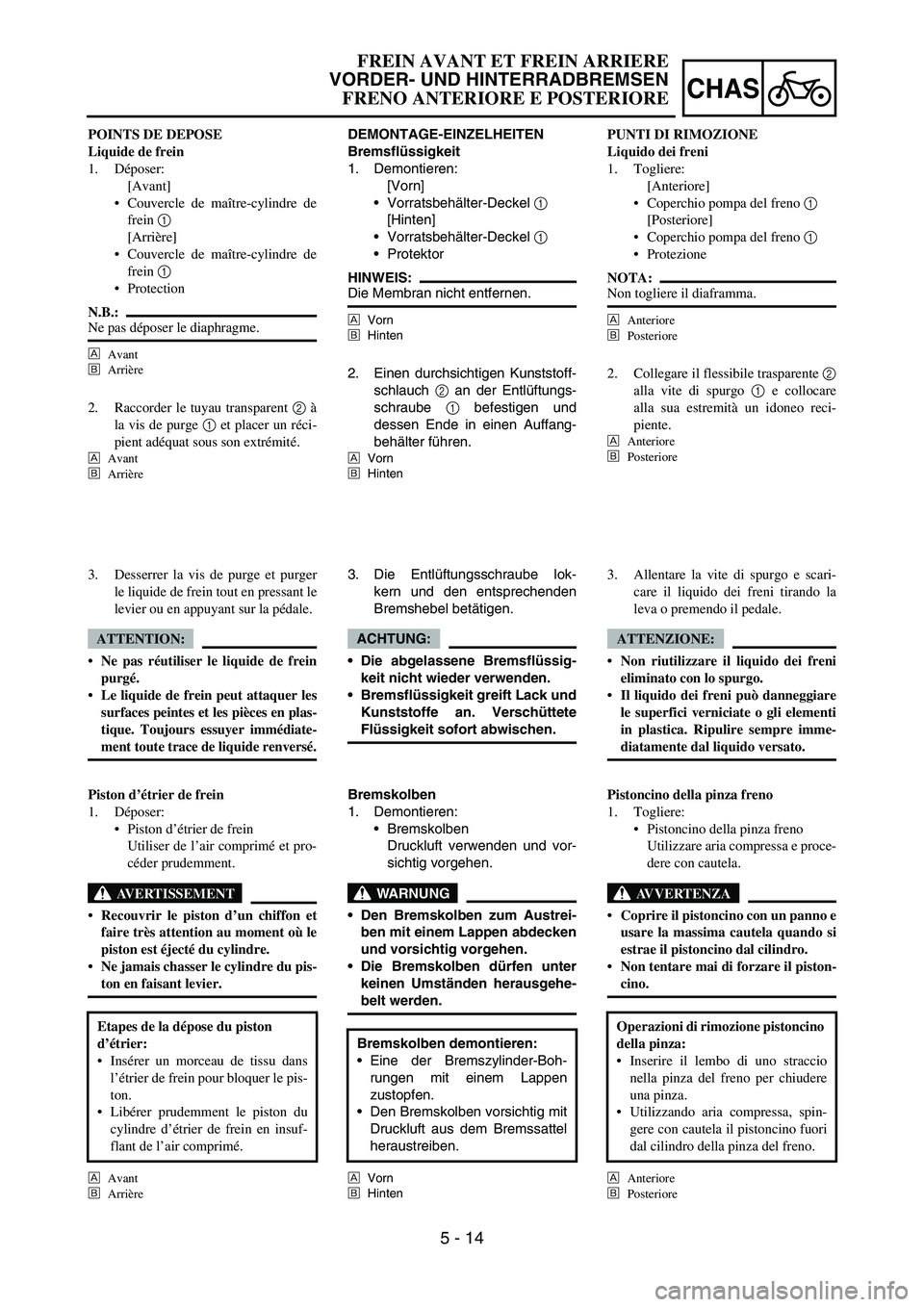 YAMAHA YZ250F 2006  Owners Manual 5 - 14
CHAS
DEMONTAGE-EINZELHEITEN
Bremsflüssigkeit
1. Demontieren:
[Vorn]
Vorratsbehälter-Deckel 
1 
[Hinten]
Vorratsbehälter-Deckel 
1 
Protektor
HINWEIS:Die Membran nicht entfernen.
ÈVorn
É