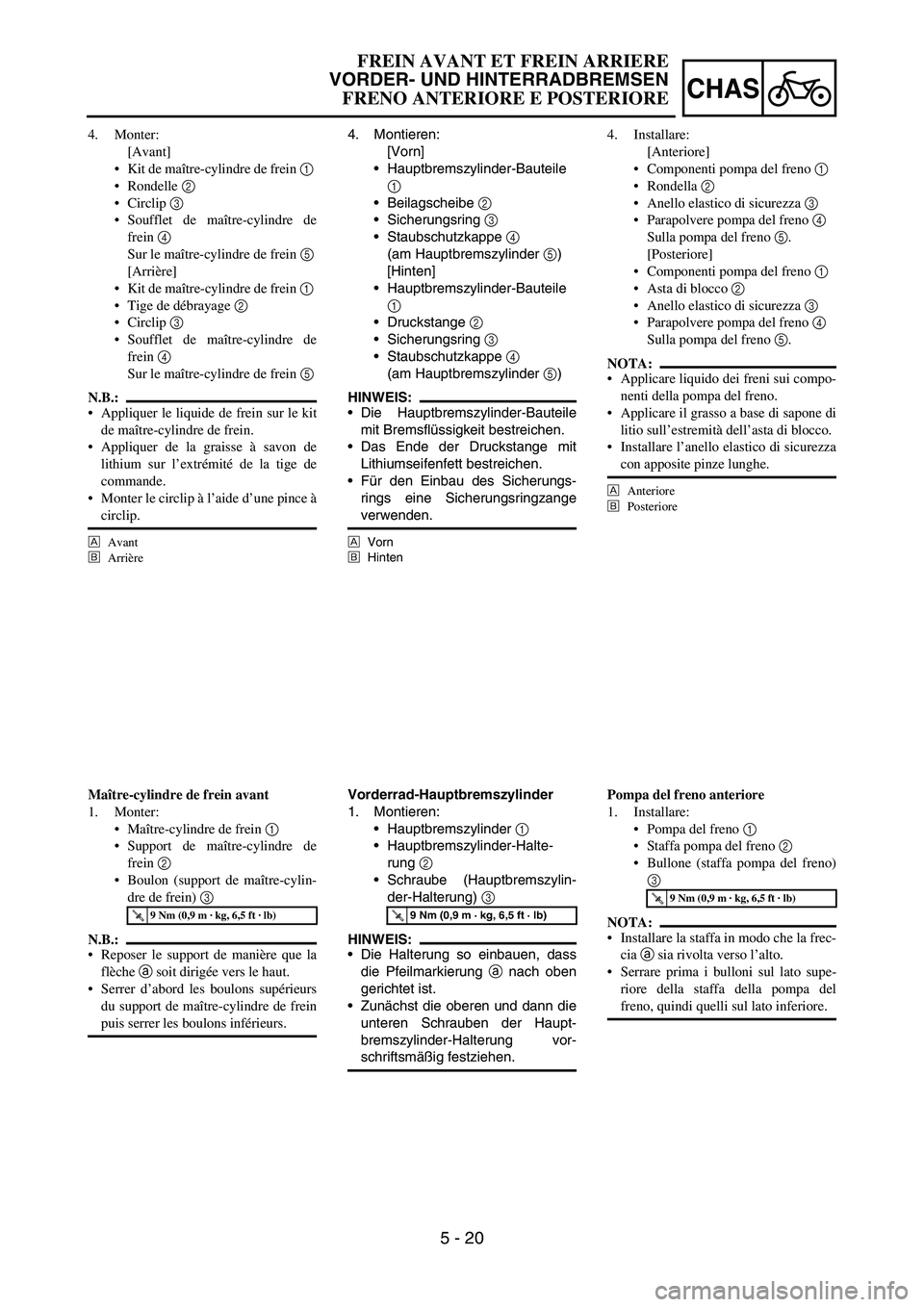 YAMAHA YZ250F 2006  Owners Manual 5 - 20
CHAS
4. Montieren:
[Vorn]
Hauptbremszylinder-Bauteile
1 
Beilagscheibe 
2 
Sicherungsring 
3 
Staubschutzkappe 
4 
(am Hauptbremszylinder 
5)
[Hinten]
Hauptbremszylinder-Bauteile
1 
Druck