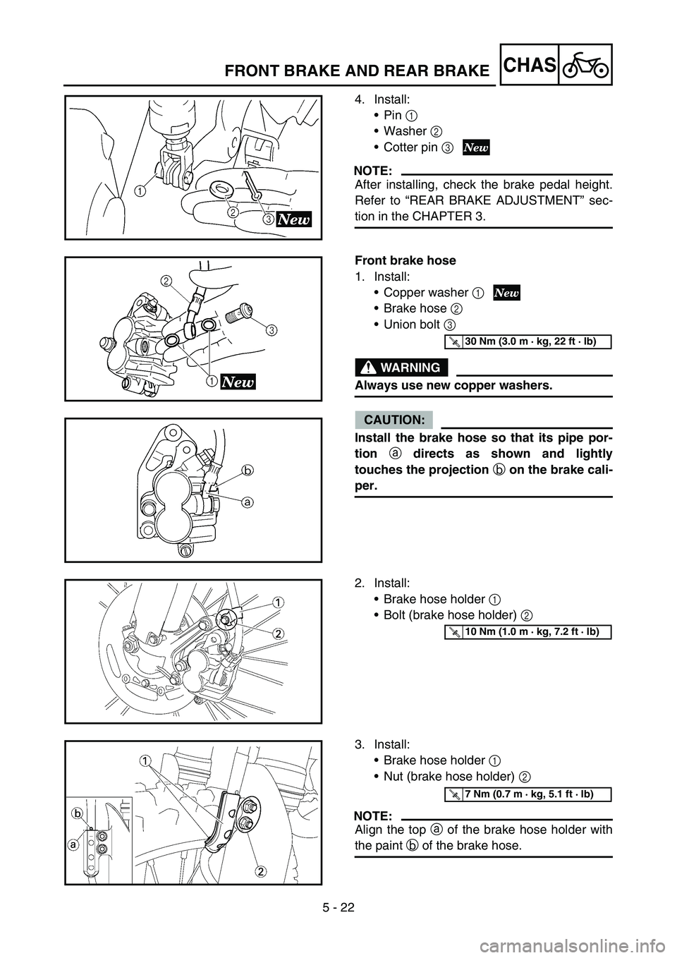 YAMAHA YZ250F 2006 Owners Manual 5 - 22
CHASFRONT BRAKE AND REAR BRAKE
4. Install:
Pin 1
Washer 2
Cotter pin 3
NOTE:
After installing, check the brake pedal height.
Refer to “REAR BRAKE ADJUSTMENT” sec-
tion in the CHAPTER 3 YAMAHA YZ250F 2006 Owners Manual 5 - 22
CHASFRONT BRAKE AND REAR BRAKE
4. Install:
Pin 1
Washer 2
Cotter pin 3
NOTE:
After installing, check the brake pedal height.
Refer to “REAR BRAKE ADJUSTMENT” sec-
tion in the CHAPTER 3