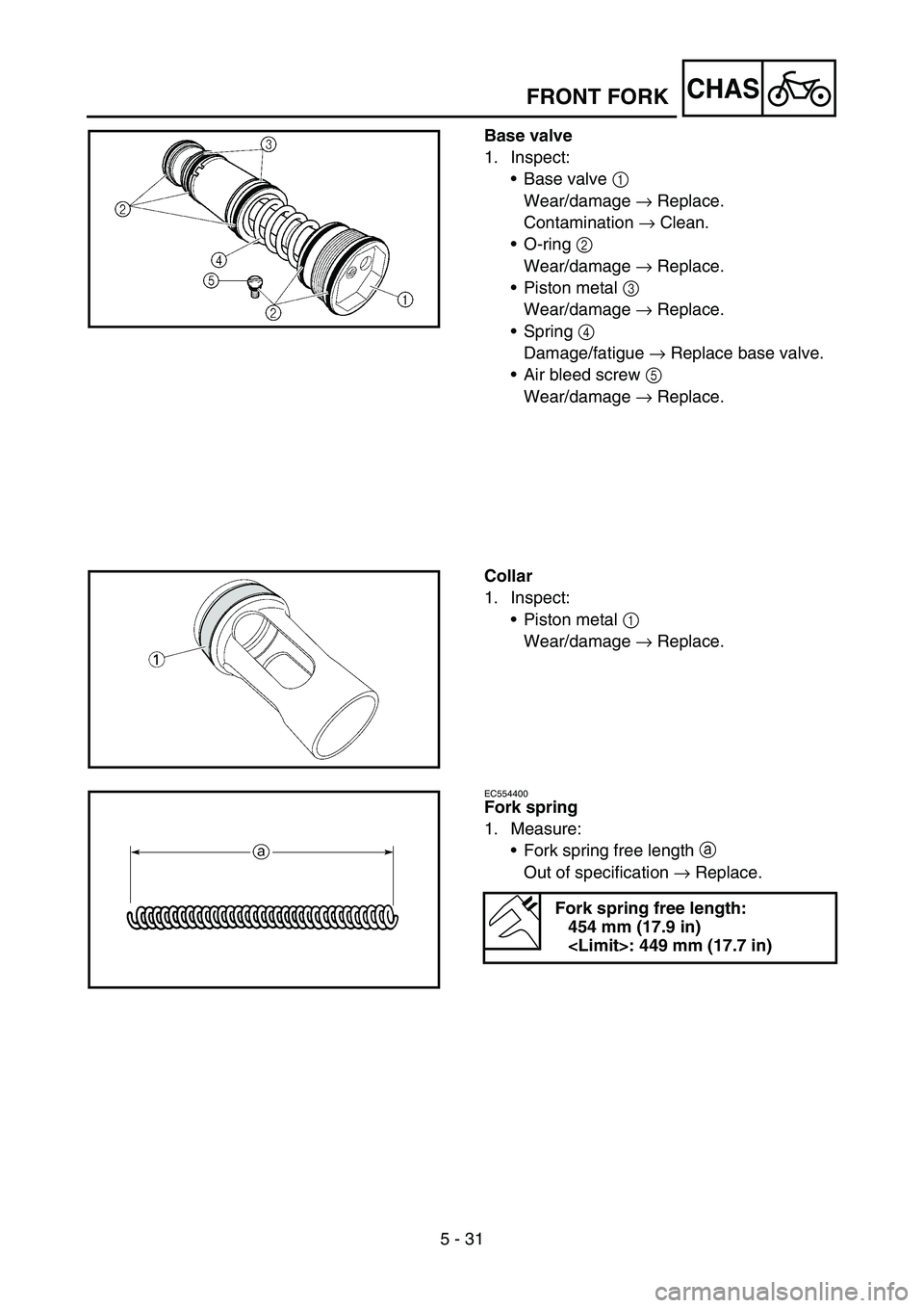 YAMAHA YZ250F 2006 Owners Manual 5 - 31
CHAS
Base valve
1. Inspect:
Base valve 1
Wear/damage → Replace.
Contamination → Clean.
O-ring 2
Wear/damage → Replace.
Piston metal 3
Wear/damage → Replace.
Spring 4
Damage/fati YAMAHA YZ250F 2006 Owners Manual 5 - 31
CHAS
Base valve
1. Inspect:
Base valve 1
Wear/damage → Replace.
Contamination → Clean.
O-ring 2
Wear/damage → Replace.
Piston metal 3
Wear/damage → Replace.
Spring 4
Damage/fati