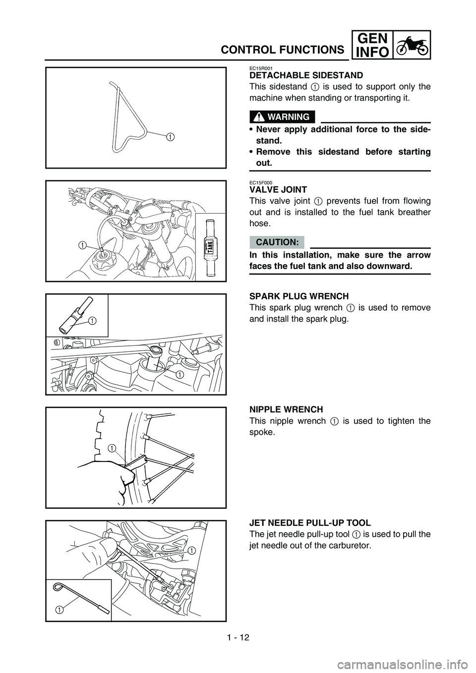 YAMAHA YZ250F 2006 Workshop Manual 1 - 12
GEN
INFO
CONTROL FUNCTIONS
EC15R001
DETACHABLE SIDESTAND
This sidestand 1 is used to support only the
machine when standing or transporting it.
WARNING
Never apply additional force to the side YAMAHA YZ250F 2006 Workshop Manual 1 - 12
GEN
INFO
CONTROL FUNCTIONS
EC15R001
DETACHABLE SIDESTAND
This sidestand 1 is used to support only the
machine when standing or transporting it.
WARNING
Never apply additional force to the side