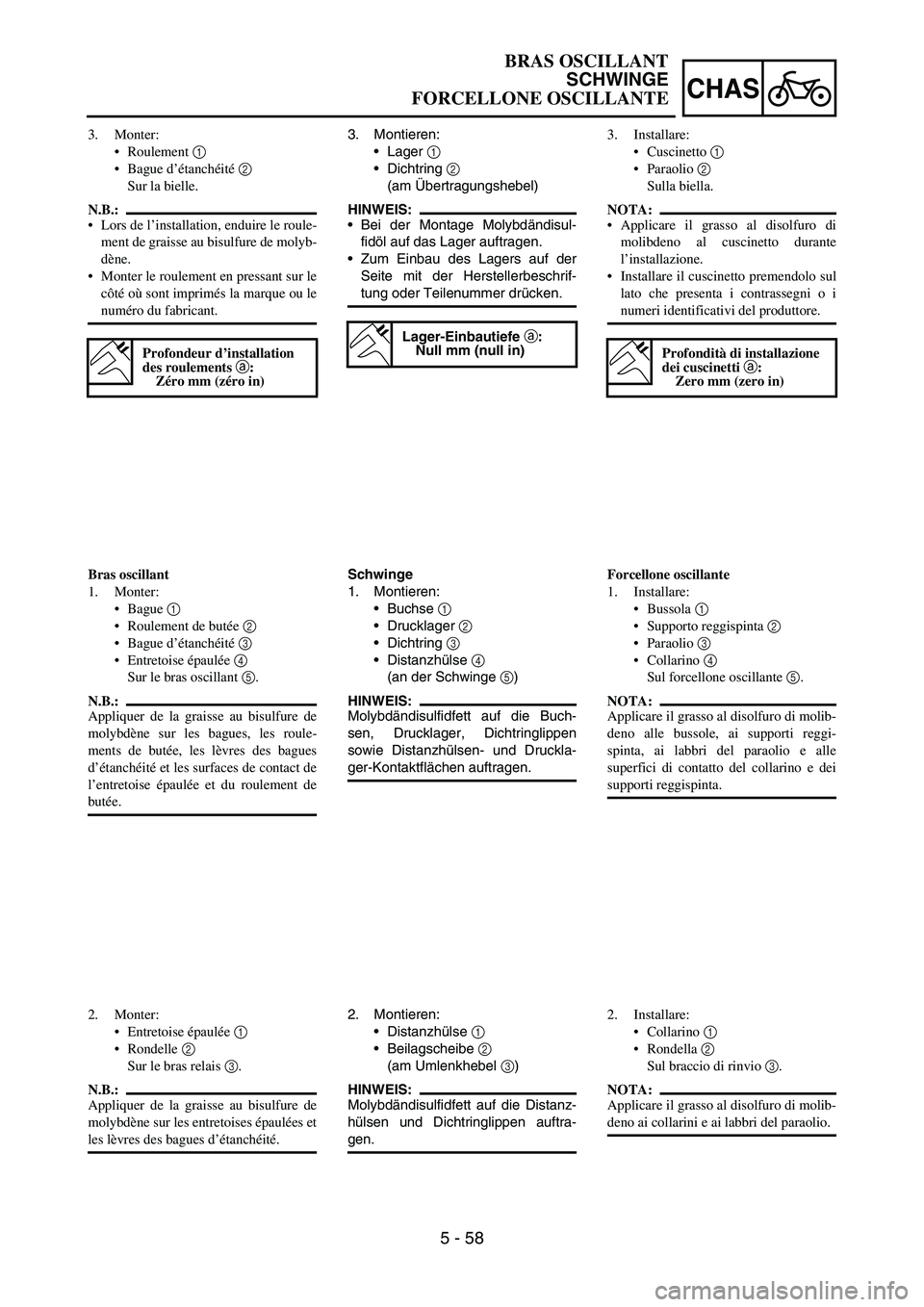 YAMAHA YZ250F 2006 Owners Manual 5 - 58
CHAS
3. Montieren:
Lager
1
Dichtring
2
(am Übertragungshebel)
HINWEIS:
Bei der Montage Molybdändisul-
fidöl auf das Lager auftragen.
Zum Einbau des Lagers auf der
Seite mit der Herst YAMAHA YZ250F 2006 Owners Manual 5 - 58
CHAS
3. Montieren:
Lager
1
Dichtring
2
(am Übertragungshebel)
HINWEIS:
Bei der Montage Molybdändisul-
fidöl auf das Lager auftragen.
Zum Einbau des Lagers auf der
Seite mit der Herst