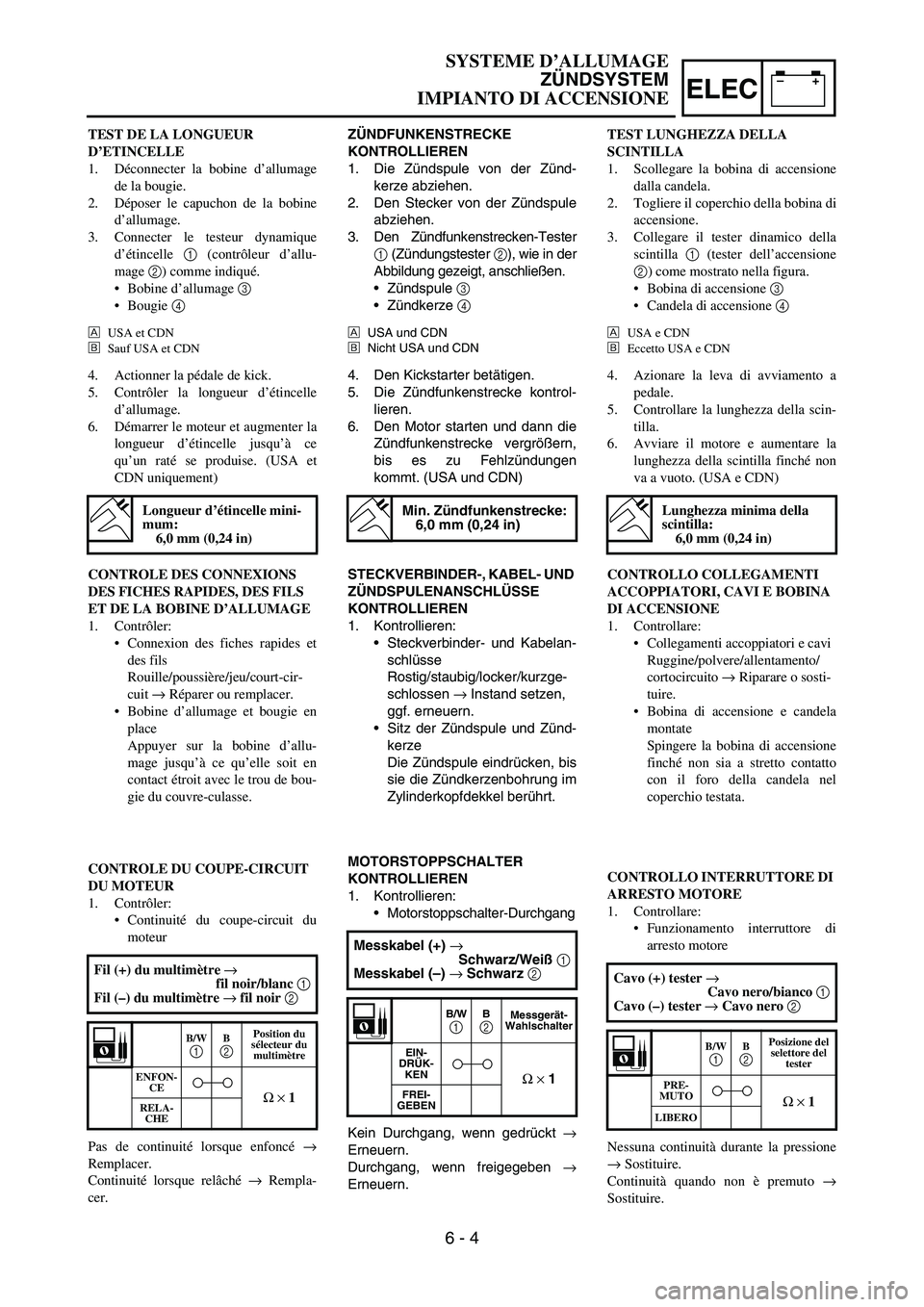 YAMAHA YZ250F 2006 Owners Manual –+ELEC
ZÜNDFUNKENSTRECKE
KONTROLLIEREN
1. Die Zündspule von der Zünd-
kerze abziehen.
2. Den Stecker von der Zündspule
abziehen.
3. Den Zündfunkenstrecken-Tester
1 (Zündungstester 2), wie in YAMAHA YZ250F 2006 Owners Manual –+ELEC
ZÜNDFUNKENSTRECKE
KONTROLLIEREN
1. Die Zündspule von der Zünd-
kerze abziehen.
2. Den Stecker von der Zündspule
abziehen.
3. Den Zündfunkenstrecken-Tester
1 (Zündungstester 2), wie in