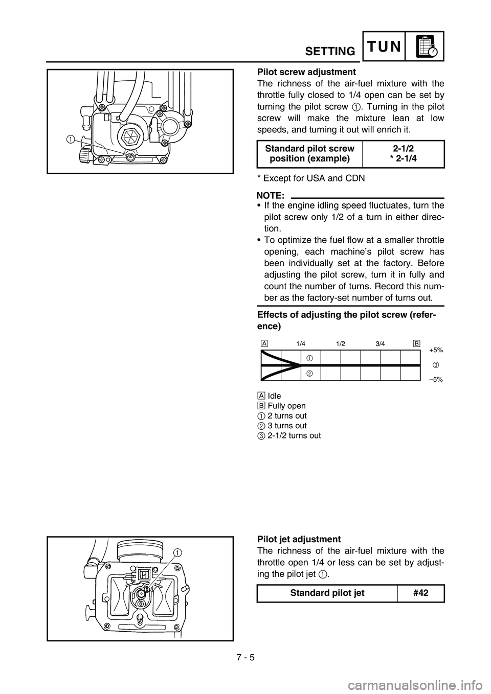 YAMAHA YZ250F 2006 Owners Manual 7 - 5
TUNSETTING
Pilot screw adjustment
The richness of the air-fuel mixture with the
throttle fully closed to 1/4 open can be set by
turning the pilot screw 1. Turning in the pilot
screw will make th YAMAHA YZ250F 2006 Owners Manual 7 - 5
TUNSETTING
Pilot screw adjustment
The richness of the air-fuel mixture with the
throttle fully closed to 1/4 open can be set by
turning the pilot screw 1. Turning in the pilot
screw will make th