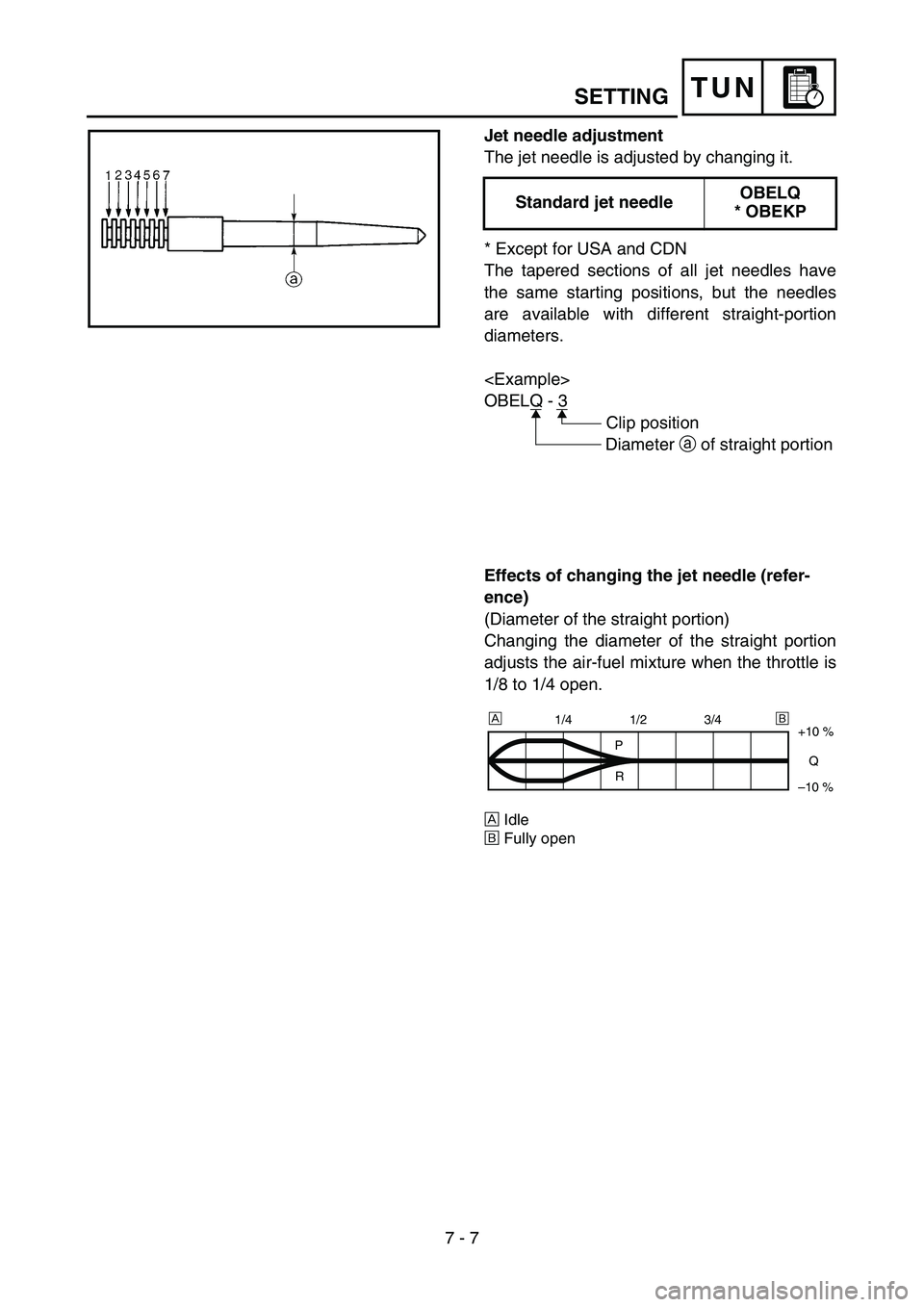 YAMAHA YZ250F 2006 Owners Manual 7 - 7
TUN
Jet needle adjustment
The jet needle is adjusted by changing it.
* Except for USA and CDN
The tapered sections of all jet needles have
the same starting positions, but the needles
are availa YAMAHA YZ250F 2006 Owners Manual 7 - 7
TUN
Jet needle adjustment
The jet needle is adjusted by changing it.
* Except for USA and CDN
The tapered sections of all jet needles have
the same starting positions, but the needles
are availa