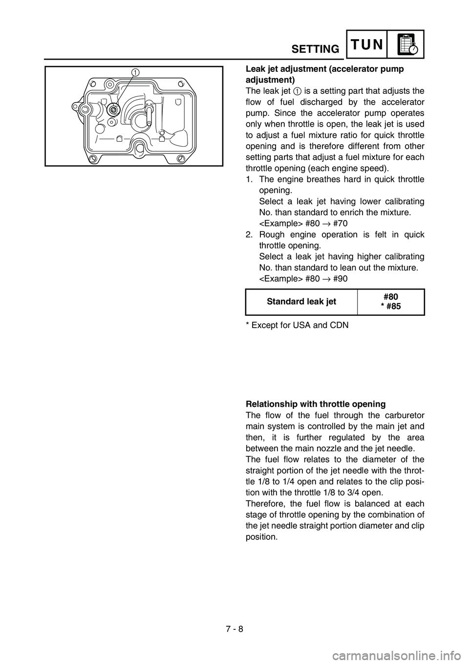 YAMAHA YZ250F 2006 Owners Manual 7 - 8
TUN
Leak jet adjustment (accelerator pump
adjustment)
The leak jet 1 is a setting part that adjusts the
flow of fuel discharged by the accelerator
pump. Since the accelerator pump operates
onl YAMAHA YZ250F 2006 Owners Manual 7 - 8
TUN
Leak jet adjustment (accelerator pump
adjustment)
The leak jet 1 is a setting part that adjusts the
flow of fuel discharged by the accelerator
pump. Since the accelerator pump operates
onl