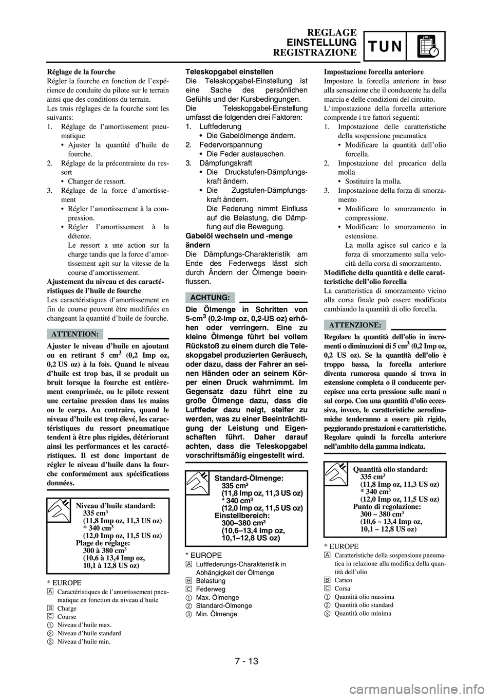 YAMAHA YZ250F 2006 Owners Manual TUN
Teleskopgabel einstellen
Die Teleskopgabel-Einstellung ist
eine Sache des persönlichen
Gefühls und der Kursbedingungen.
Die Teleskopgabel-Einstellung
umfasst die folgenden drei Faktoren:
1. Luft YAMAHA YZ250F 2006 Owners Manual TUN
Teleskopgabel einstellen
Die Teleskopgabel-Einstellung ist
eine Sache des persönlichen
Gefühls und der Kursbedingungen.
Die Teleskopgabel-Einstellung
umfasst die folgenden drei Faktoren:
1. Luft