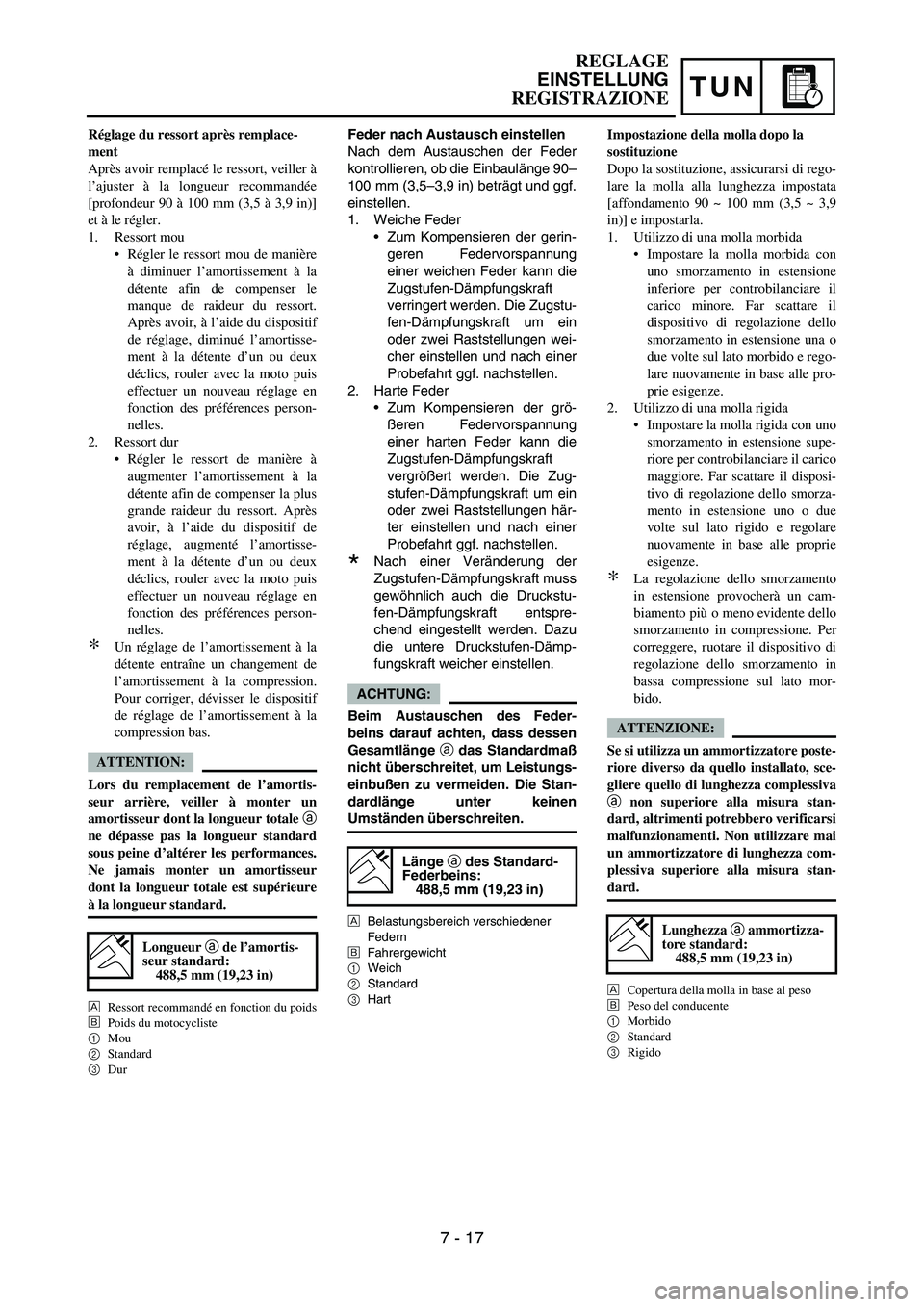 YAMAHA YZ250F 2006 Owners Manual TUN
Feder nach Austausch einstellen
Nach dem Austauschen der Feder
kontrollieren, ob die Einbaulänge 90–
100 mm (3,5–3,9 in) beträgt und ggf.
einstellen.
1. Weiche Feder
•Zum Kompensieren der YAMAHA YZ250F 2006 Owners Manual TUN
Feder nach Austausch einstellen
Nach dem Austauschen der Feder
kontrollieren, ob die Einbaulänge 90–
100 mm (3,5–3,9 in) beträgt und ggf.
einstellen.
1. Weiche Feder
•Zum Kompensieren der