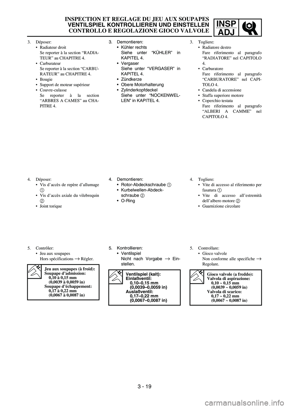 YAMAHA YZ250F 2005 Notices Demploi (in French) INSP
ADJ
3. Demontieren:
Kühler rechts
Siehe unter “KÜHLER” in
KAPITEL 4.
Vergaser
Siehe unter “VERGASER” in
KAPITEL 4.
Zündkerze
Obere Motorhalterung
Zylinderkopfdeckel
Siehe unter YAMAHA YZ250F 2005 Notices Demploi (in French) INSP
ADJ
3. Demontieren:
Kühler rechts
Siehe unter “KÜHLER” in
KAPITEL 4.
Vergaser
Siehe unter “VERGASER” in
KAPITEL 4.
Zündkerze
Obere Motorhalterung
Zylinderkopfdeckel
Siehe unter