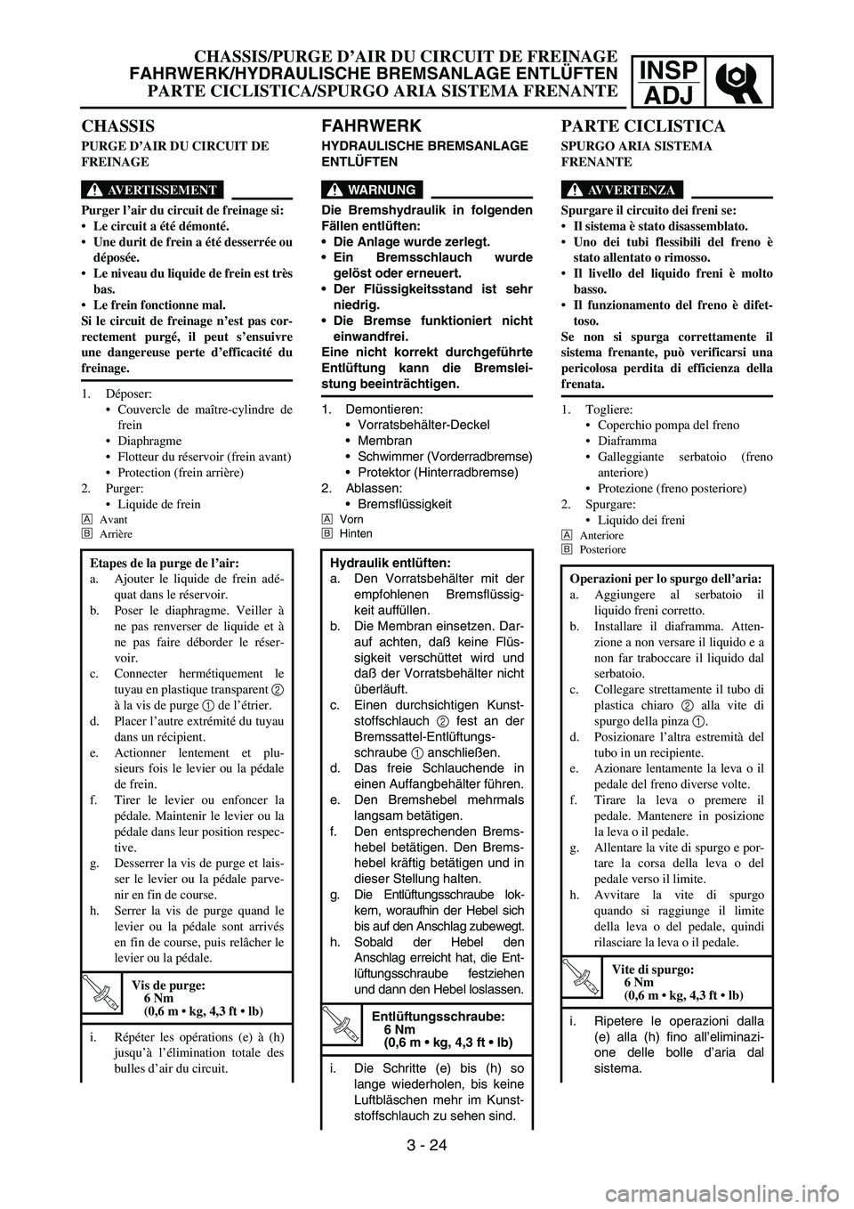YAMAHA YZ250F 2005 Notices Demploi (in French) INSP
ADJ
FAHRWERK
HYDRAULISCHE BREMSANLAGE
ENTLÜFTEN
WARNUNG
Die Bremshydraulik in folgenden
Fällen entlüften:
Die Anlage wurde zerlegt.
Ein Bremsschlauch wurde
gelöst oder erneuert.
Der Flüs YAMAHA YZ250F 2005 Notices Demploi (in French) INSP
ADJ
FAHRWERK
HYDRAULISCHE BREMSANLAGE
ENTLÜFTEN
WARNUNG
Die Bremshydraulik in folgenden
Fällen entlüften:
Die Anlage wurde zerlegt.
Ein Bremsschlauch wurde
gelöst oder erneuert.
Der Flüs