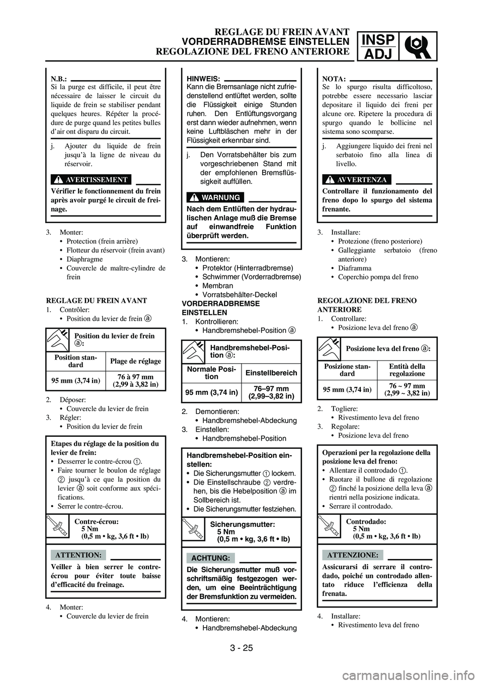 YAMAHA YZ250F 2005 Notices Demploi (in French) INSP
ADJ
3. Montieren:
Protektor (Hinterradbremse)
Schwimmer (Vorderradbremse)
Membran
Vorratsbehälter-Deckel
VORDERRADBREMSE
EINSTELLEN
1. Kontrollieren:
Handbremshebel-Position a
2. Demontie YAMAHA YZ250F 2005 Notices Demploi (in French) INSP
ADJ
3. Montieren:
Protektor (Hinterradbremse)
Schwimmer (Vorderradbremse)
Membran
Vorratsbehälter-Deckel
VORDERRADBREMSE
EINSTELLEN
1. Kontrollieren:
Handbremshebel-Position a
2. Demontie