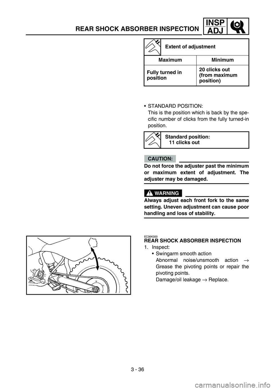 YAMAHA YZ250F 2005  Notices Demploi (in French) 3 - 36
INSP
ADJ
REAR SHOCK ABSORBER INSPECTION
Extent of adjustment
Maximum Minimum
Fully turned in 
position20 clicks out 
(from maximum 
position)
STANDARD POSITION:
This is the position which is b
