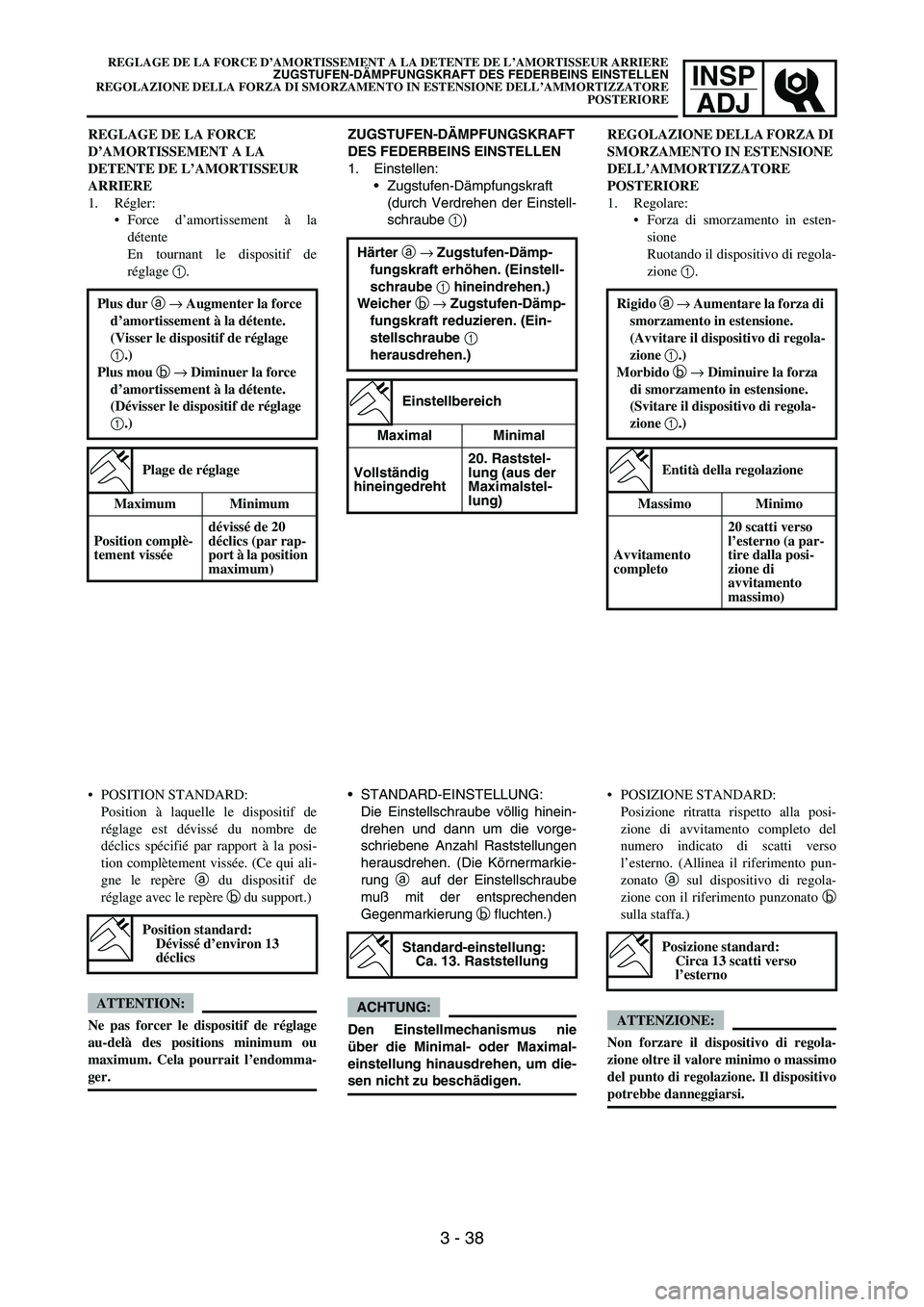 YAMAHA YZ250F 2005  Notices Demploi (in French) INSP
ADJ
ZUGSTUFEN-DÄMPFUNGSKRAFT 
DES FEDERBEINS EINSTELLEN
1. Einstellen:
Zugstufen-Dämpfungskraft
(durch Verdrehen der Einstell-
schraube 1)
Härter a → Zugstufen-Dämp-
fungskraft erhöhen. (