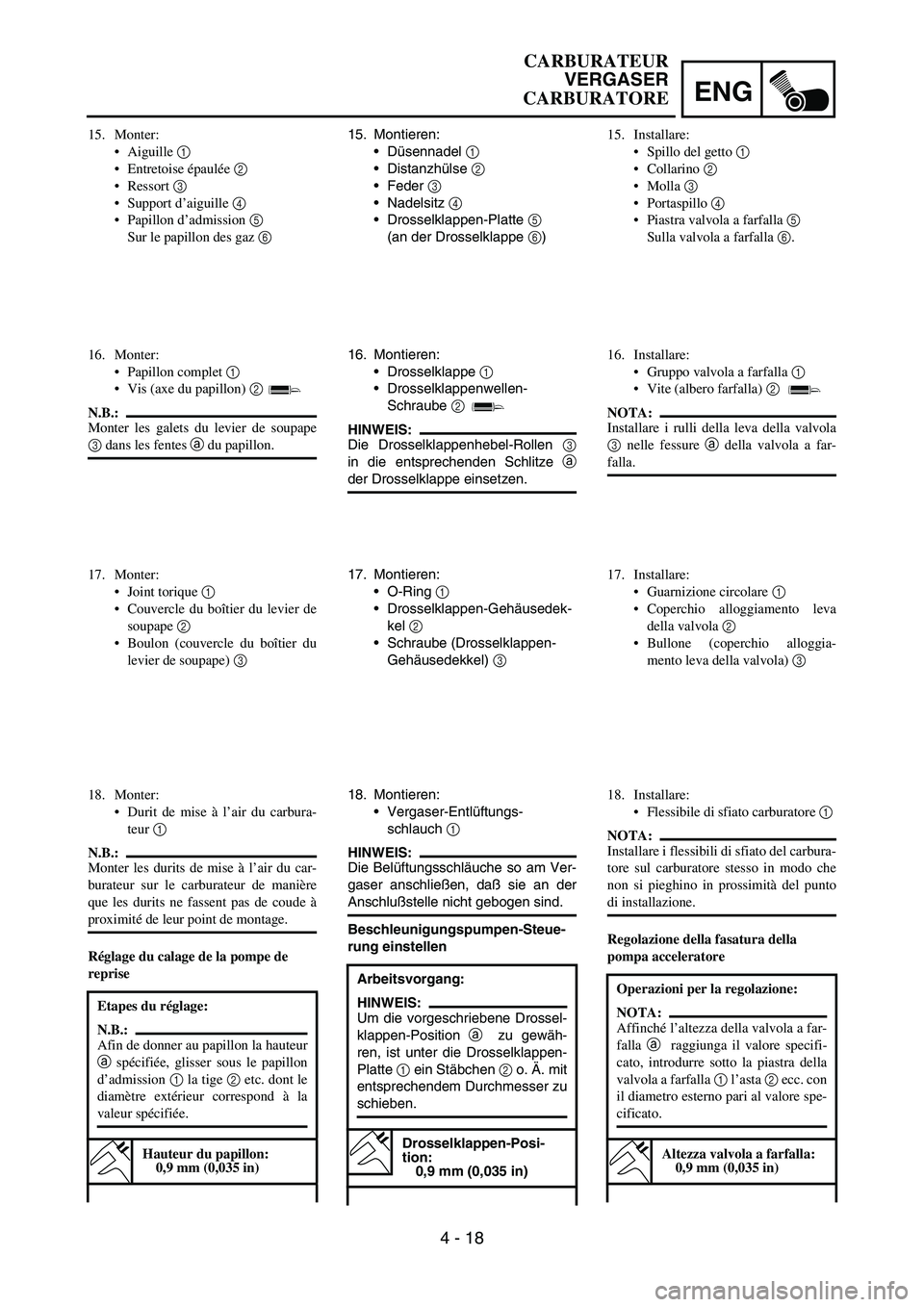 YAMAHA YZ250F 2005  Notices Demploi (in French) ENG
4 - 18
15. Montieren:
Düsennadel 
1 
Distanzhülse 
2 
Feder 
3 
Nadelsitz 
4 
Drosselklappen-Platte 
5 
(an der Drosselklappe 
6)
16. Montieren:
Drosselklappe 
1 
Drosselklappenwellen-
Sc