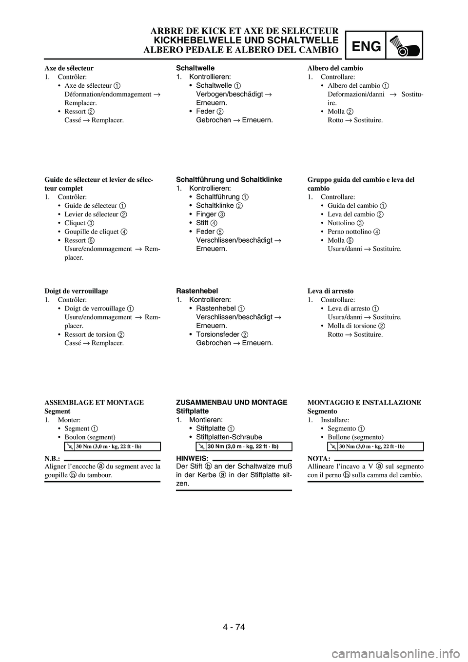 YAMAHA YZ250F 2005  Notices Demploi (in French) ENG
4 - 74
Schaltwelle
1. Kontrollieren:
Schaltwelle 
1 
Verbogen/beschädigt 
→ 
Erneuern.
Feder 
2 
Gebrochen 
→ Erneuern.
Schaltführung und Schaltklinke
1. Kontrollieren:
Schaltführung 
1 