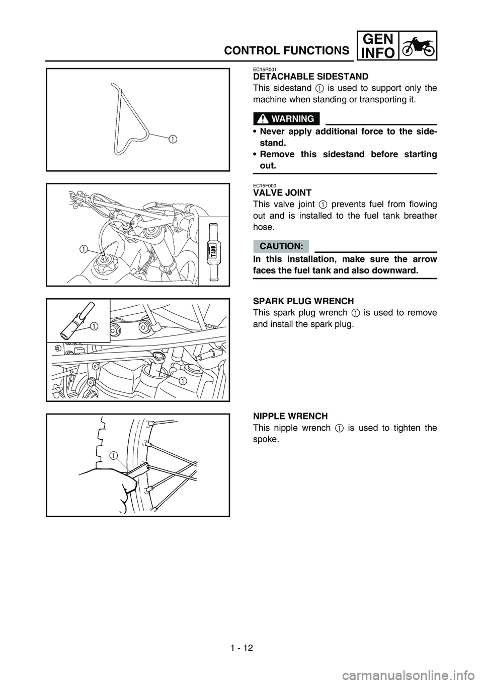 YAMAHA YZ250F 2005 Owners Manual 1 - 12
GEN
INFO
CONTROL FUNCTIONS
EC15R001
DETACHABLE SIDESTAND
This sidestand 1 is used to support only the
machine when standing or transporting it.
WARNING
Never apply additional force to the side YAMAHA YZ250F 2005 Owners Manual 1 - 12
GEN
INFO
CONTROL FUNCTIONS
EC15R001
DETACHABLE SIDESTAND
This sidestand 1 is used to support only the
machine when standing or transporting it.
WARNING
Never apply additional force to the side