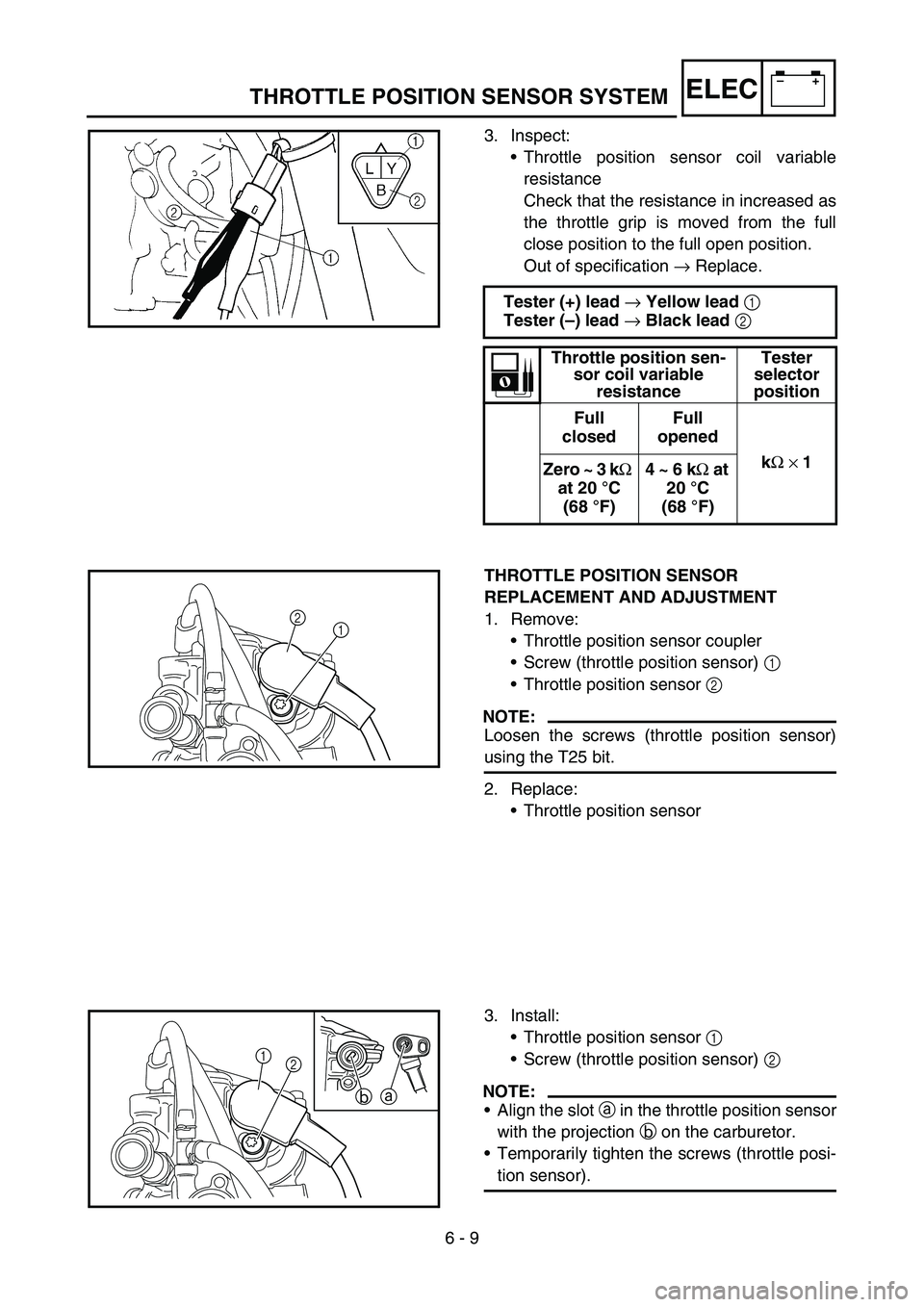 YAMAHA YZ250F 2005 Notices Demploi (in French) 6 - 9
–+ELECTHROTTLE POSITION SENSOR SYSTEM
3. Inspect:
Throttle position sensor coil variable
resistance
Check that the resistance in increased as
the throttle grip is moved from the full
close po YAMAHA YZ250F 2005 Notices Demploi (in French) 6 - 9
–+ELECTHROTTLE POSITION SENSOR SYSTEM
3. Inspect:
Throttle position sensor coil variable
resistance
Check that the resistance in increased as
the throttle grip is moved from the full
close po