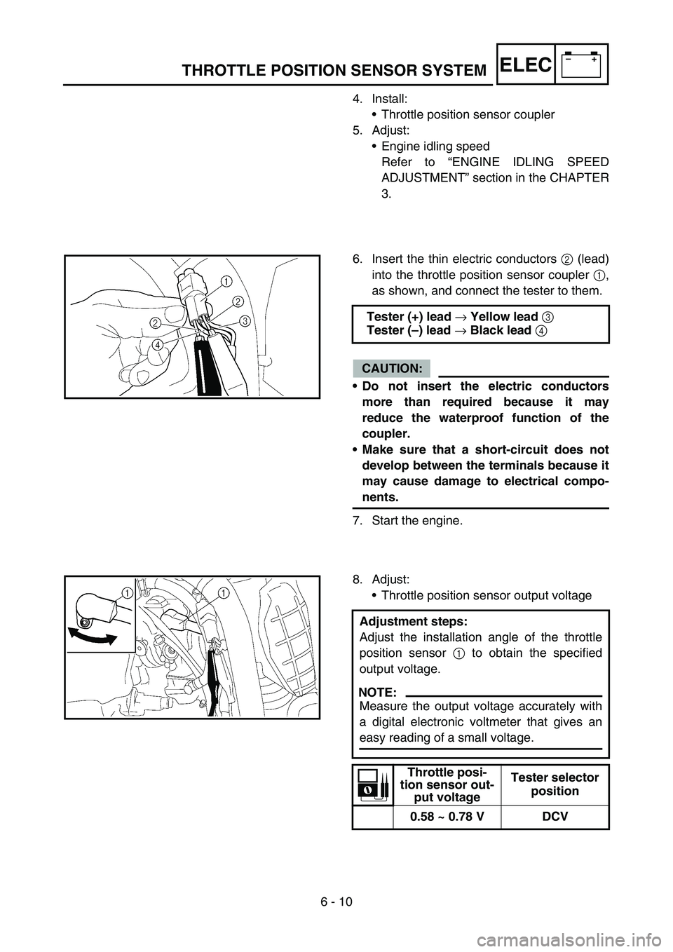 YAMAHA YZ250F 2005 Notices Demploi (in French) 6 - 10
–+ELECTHROTTLE POSITION SENSOR SYSTEM
4. Install:
Throttle position sensor coupler
5. Adjust:
Engine idling speed
Refer to “ENGINE IDLING SPEED
ADJUSTMENT” section in the CHAPTER
3.
6. YAMAHA YZ250F 2005 Notices Demploi (in French) 6 - 10
–+ELECTHROTTLE POSITION SENSOR SYSTEM
4. Install:
Throttle position sensor coupler
5. Adjust:
Engine idling speed
Refer to “ENGINE IDLING SPEED
ADJUSTMENT” section in the CHAPTER
3.
6.